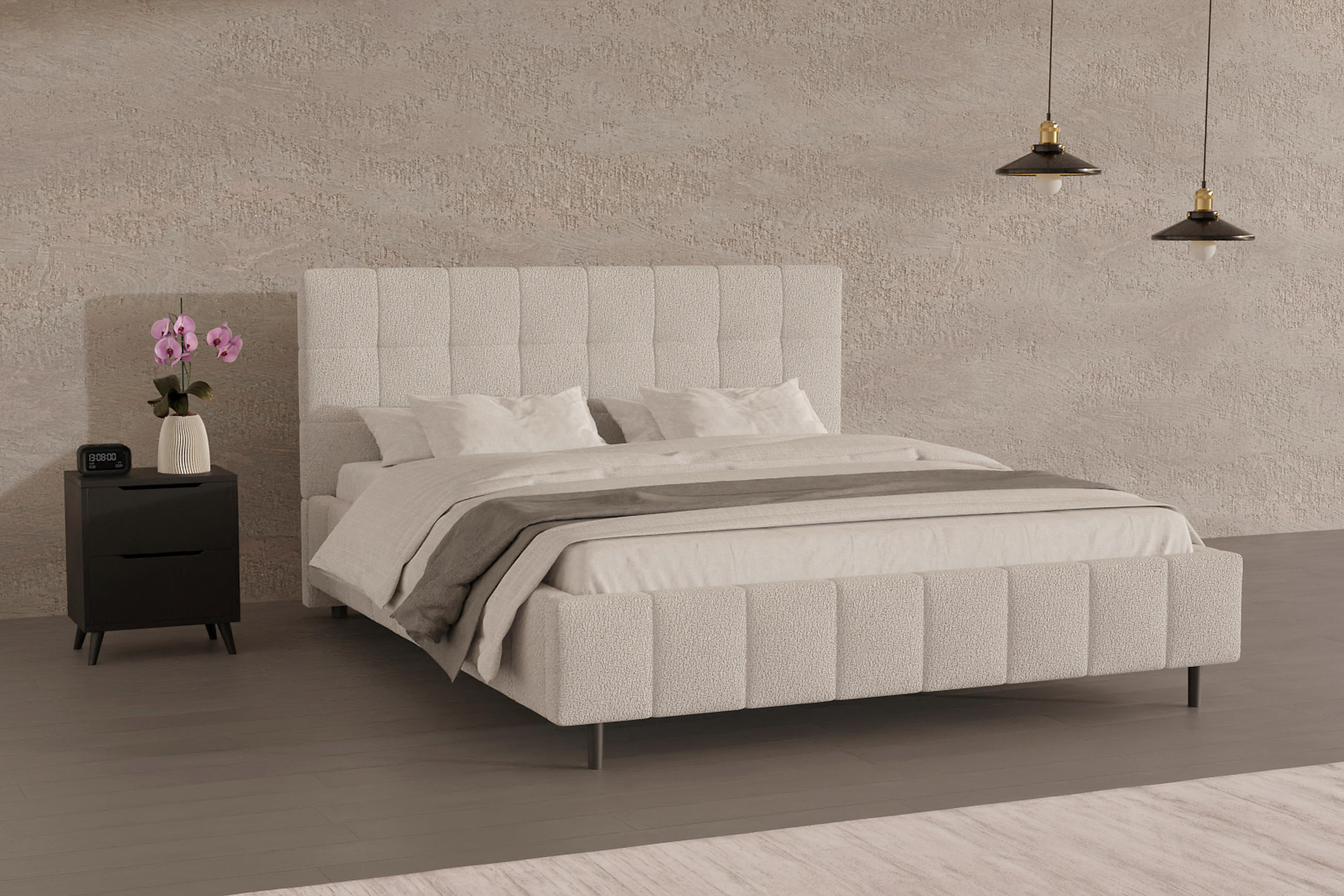 PAT TAPIȚAT 180/200 cm  in culoare natur  - culoare natur/negru, Modern, lemn/textil (180/200cm) - MID.YOU