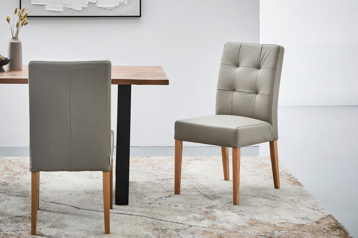 STUHL Echtleder Graubraun Eiche massiv  - Eichefarben/Graubraun, KONVENTIONELL, Leder/Holz (48/94/64cm) - Linea Natura