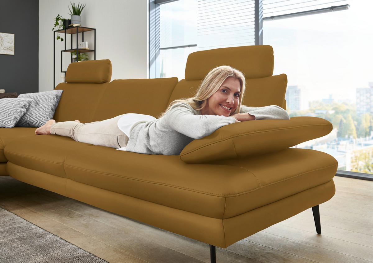 ECKSOFA Beldomo Premium in Echtleder Currygelb  180/310 cm  - Currygelb/Schwarz, Design, Leder/Metall (180/310cm) - Dieter Knoll