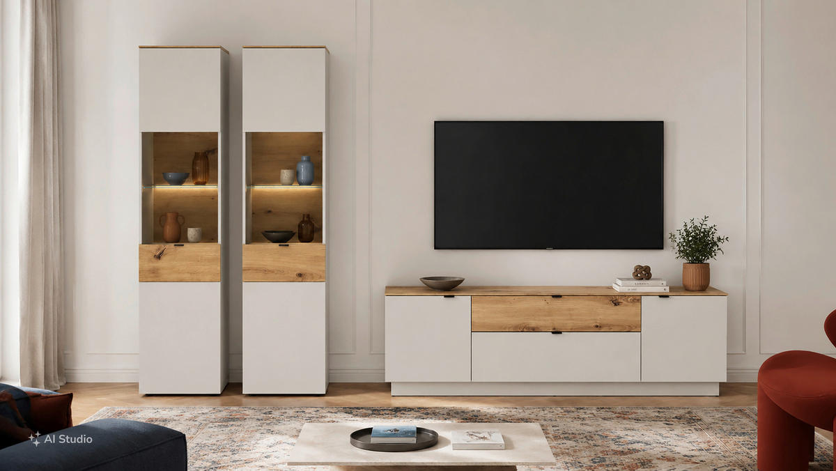 TV-ELEMENT VIONA Holzwerkstoff Kaschmir, Eiche Artisan  - Kaschmir/Eiche Artisan, Basics, Holzwerkstoff/Kunststoff (180/59,5/40cm) - Livetastic