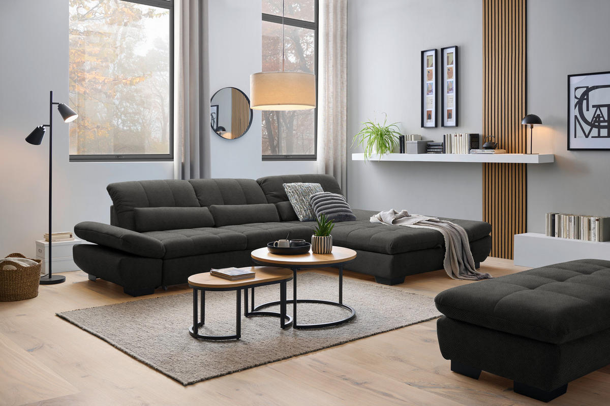 ECKSOFA  in Flachgewebe Dunkelgrau  341/204 cm  - Dunkelgrau/Schwarz, Design, Textil/Metall (341/204cm) - Xora