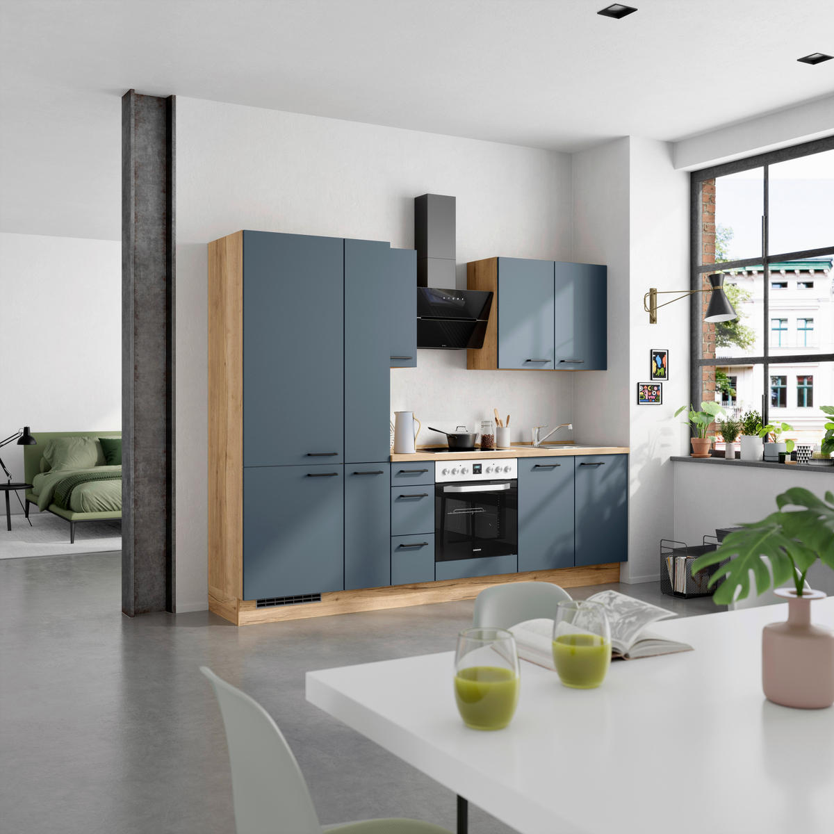 KÜCHENBLOCK Easytouch 270 cm  in Eichefarben, Dunkelblau  - Eichefarben/Schwarz, MODERN, Holzwerkstoff/Metall (270cm) - Nobilia