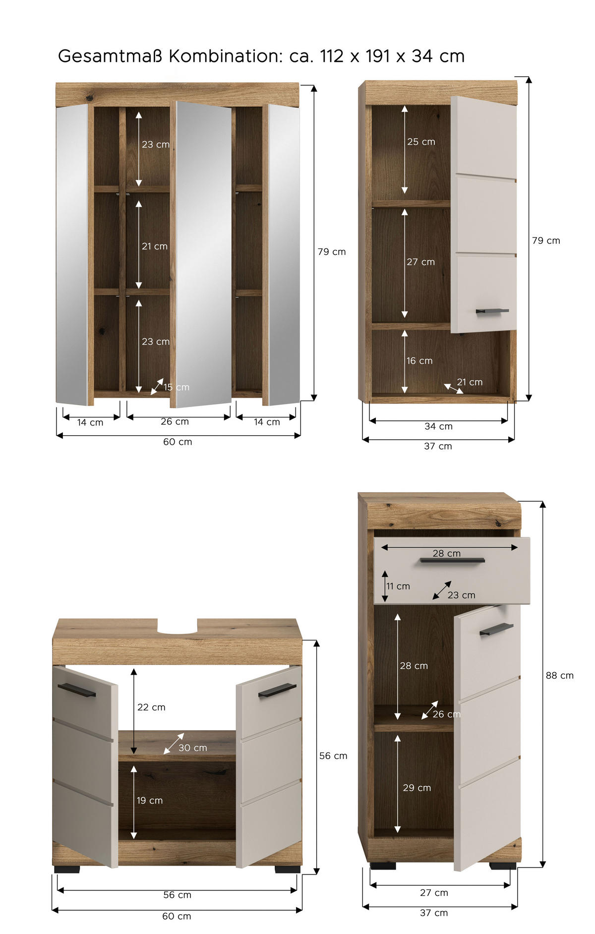 BADEZIMMER 4-teilig  in 134 cm  - Kaschmir/Schwarz, MODERN, Glas/Holzwerkstoff (134cm) - MID.YOU