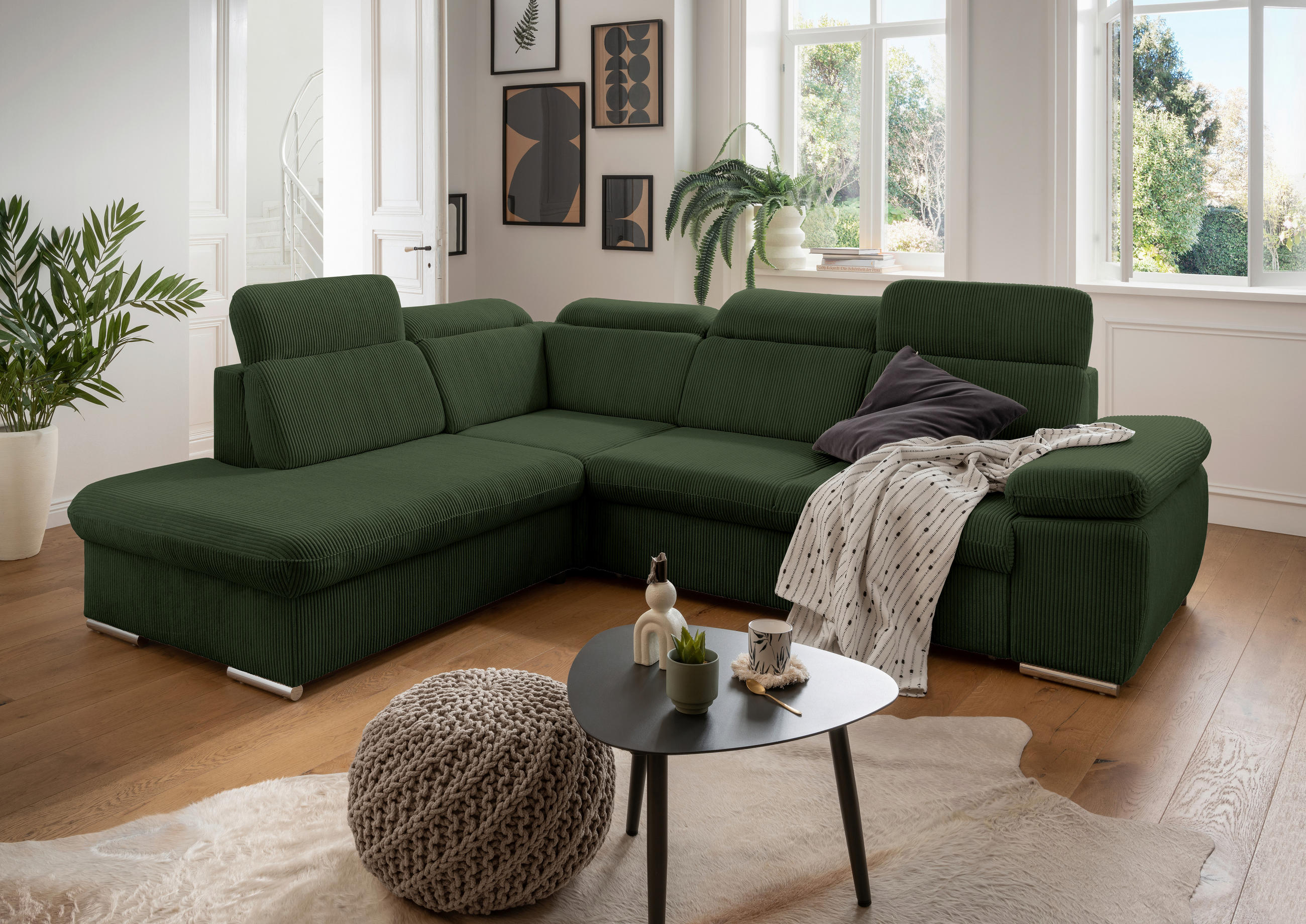ECKSOFA Dunkelgrün Cord  - Chromfarben/Dunkelgrün, Design, Textil/Metall (228/283cm) - Livetastic