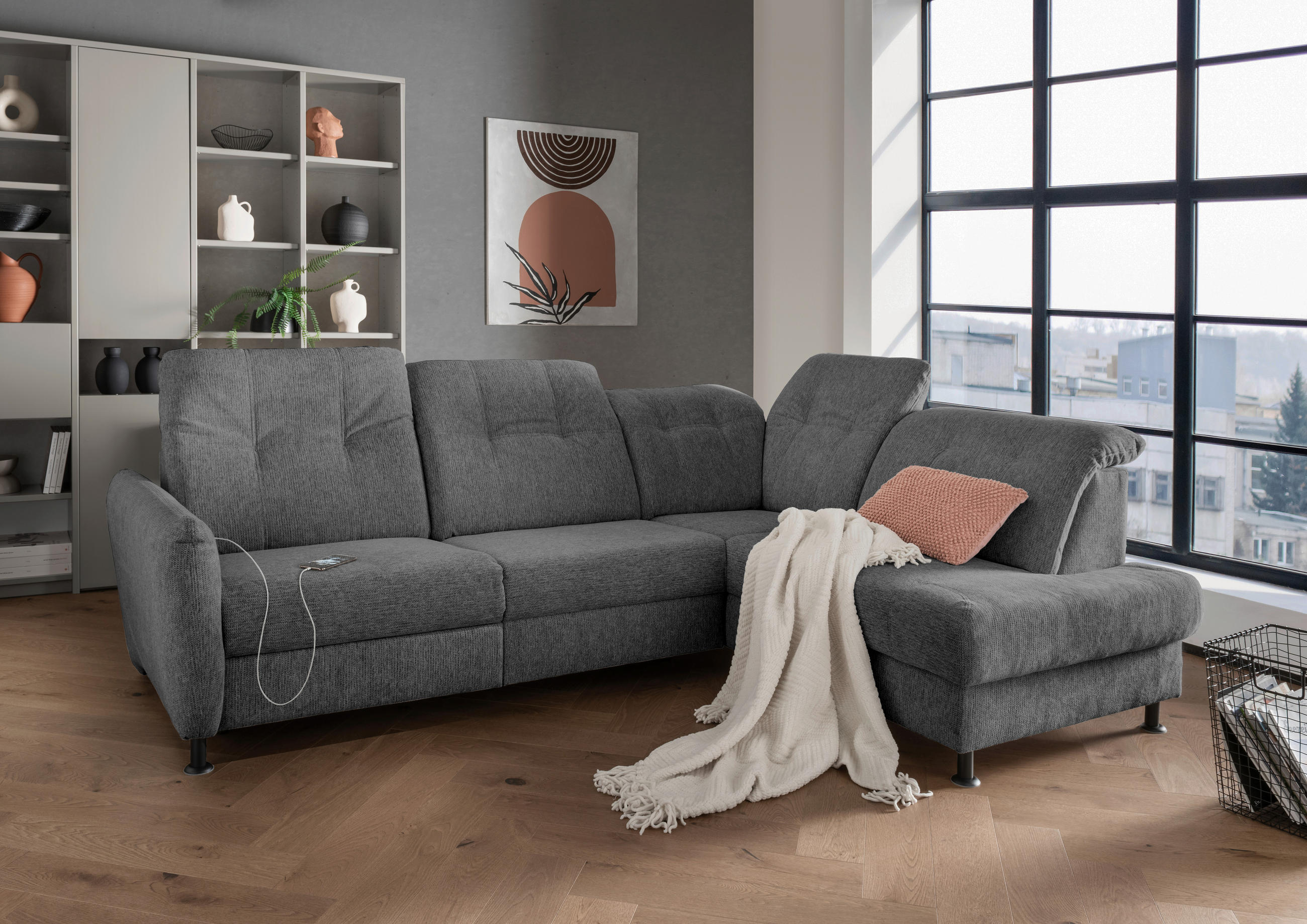 ECKSOFA in Chenille Anthrazit  - Anthrazit/Schwarz, Modern, Textil/Metall (270/198cm) - Livetastic