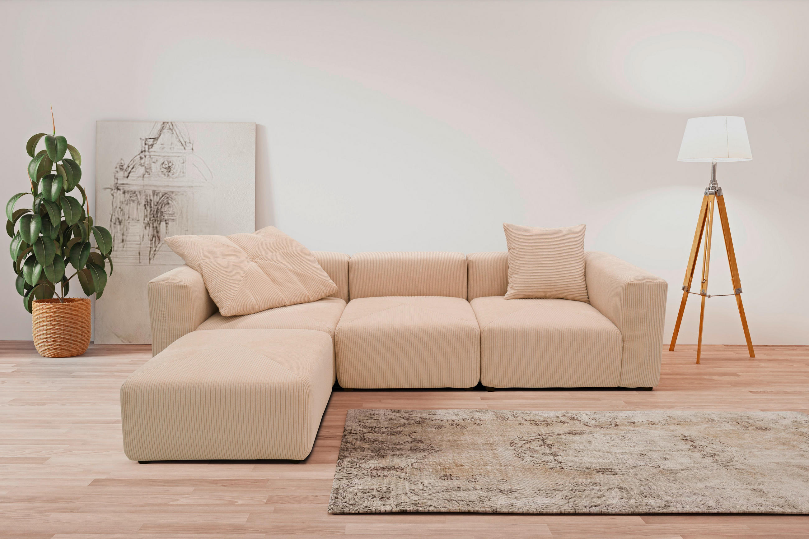 ECKSOFA Creme Cord, Mikrofaser  - Creme/Schwarz, Design, Kunststoff/Textil (301/69/193cm) - MID.YOU