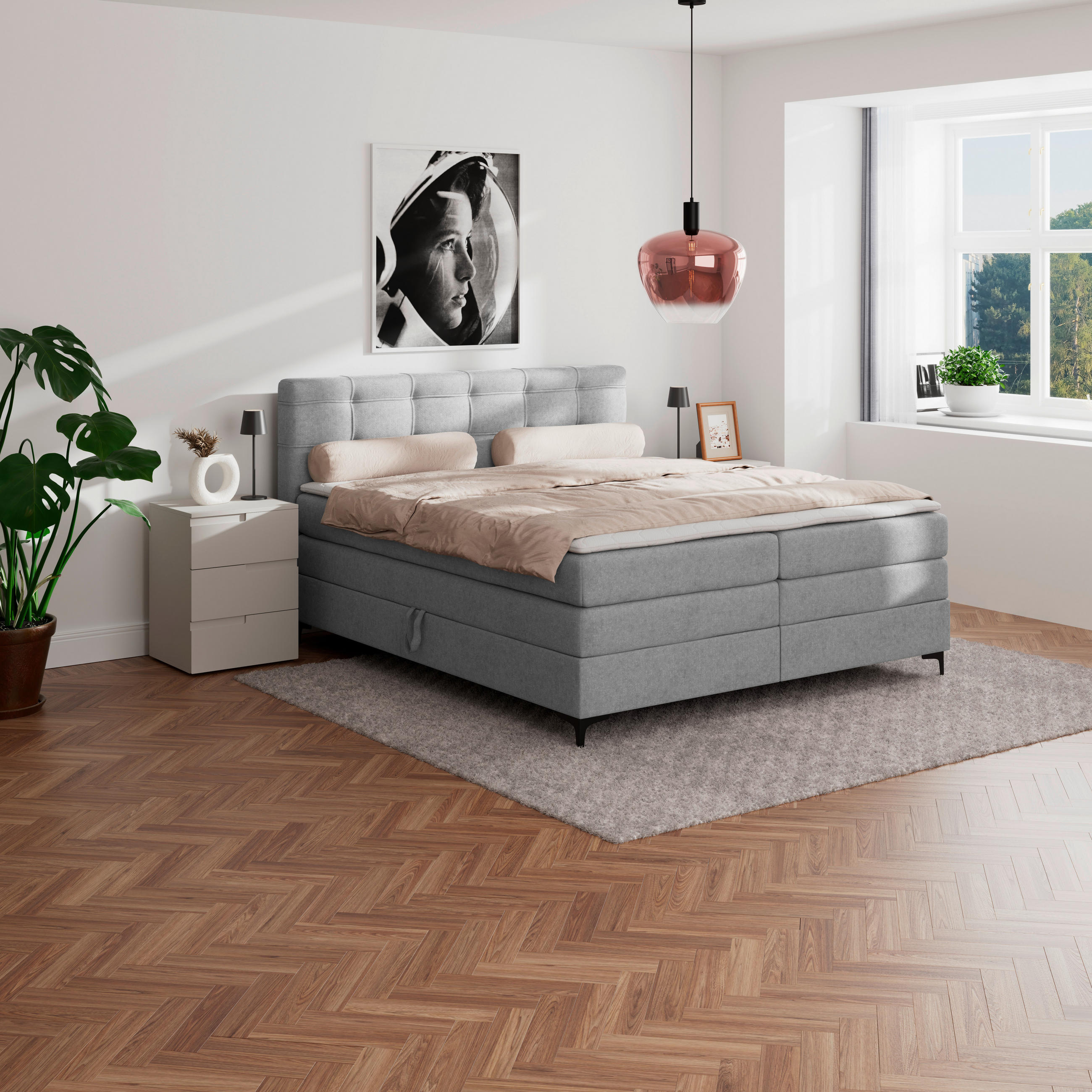 BOXSPRINGBETT 180/200 cm,  in Hellgrau, H3 = fest  - Hellgrau/Schwarz, KONVENTIONELL, Kunststoff/Textil (180/200cm)