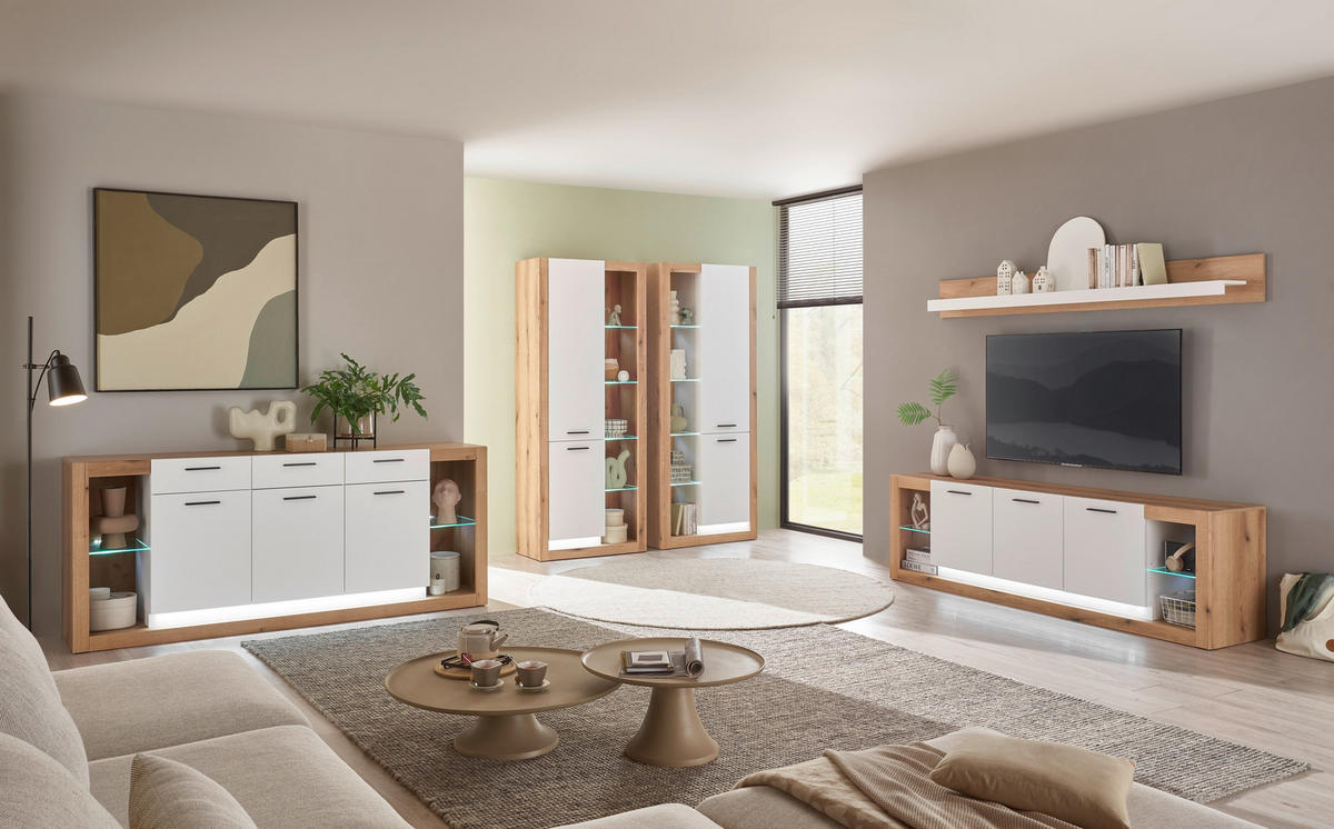 WOHNWAND 4-teilig  in Weiß, Eichefarben  398/195/43 cm  - Eichefarben/Schwarz, Design, Glas/Holzwerkstoff (398/195/43cm) - MID.YOU