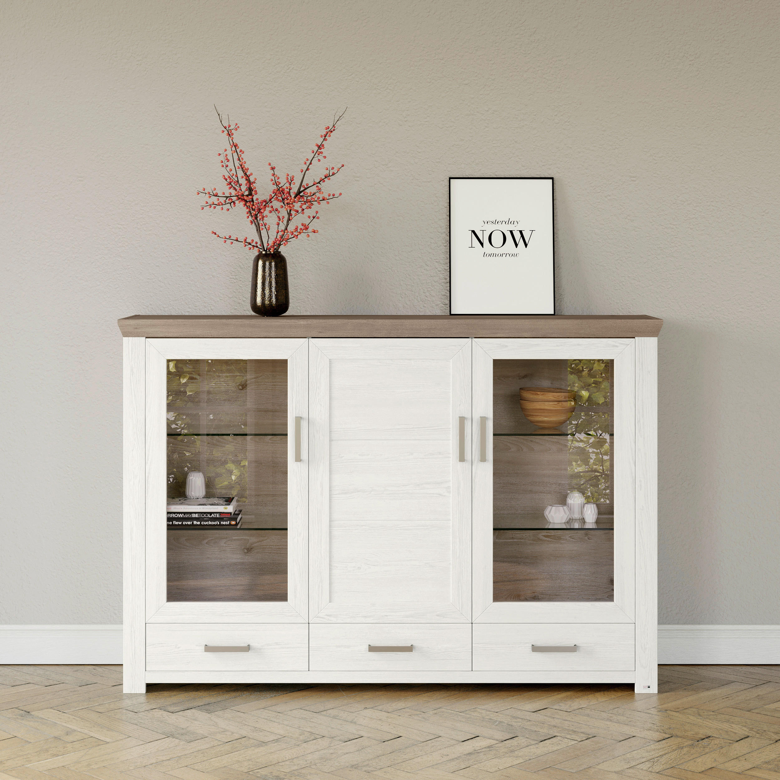 HIGHBOARD  in 184,1/126,6/44,2 cm  - Eichefarben/Weiß, Design, Glas/Holzwerkstoff (184,1/126,6/44,2cm) - SetOne by Musterring