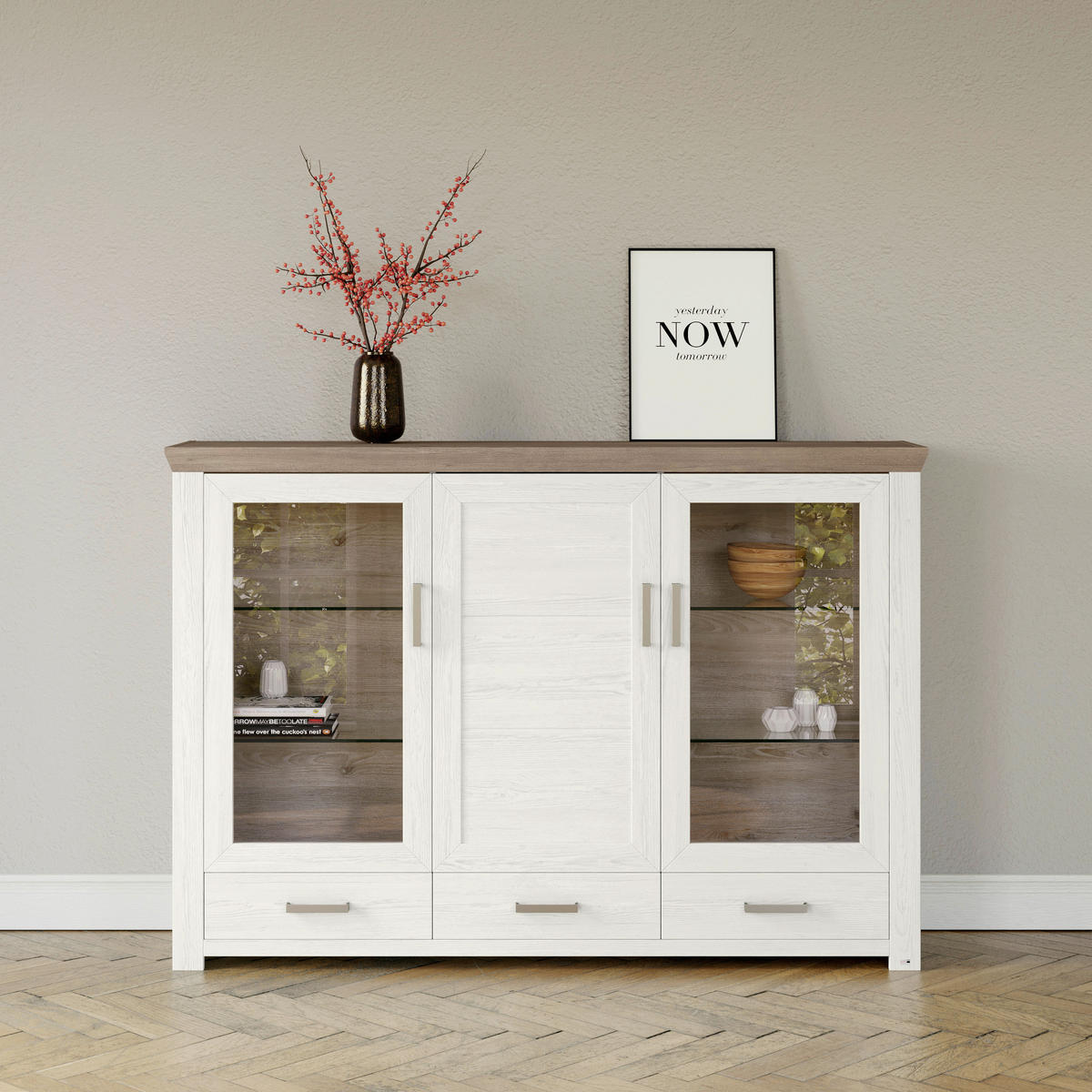 HIGHBOARD  in 184,1/126,6/44,2 cm  - Eichefarben/Weiß, Design, Glas/Holzwerkstoff (184,1/126,6/44,2cm) - SetOne by Musterring