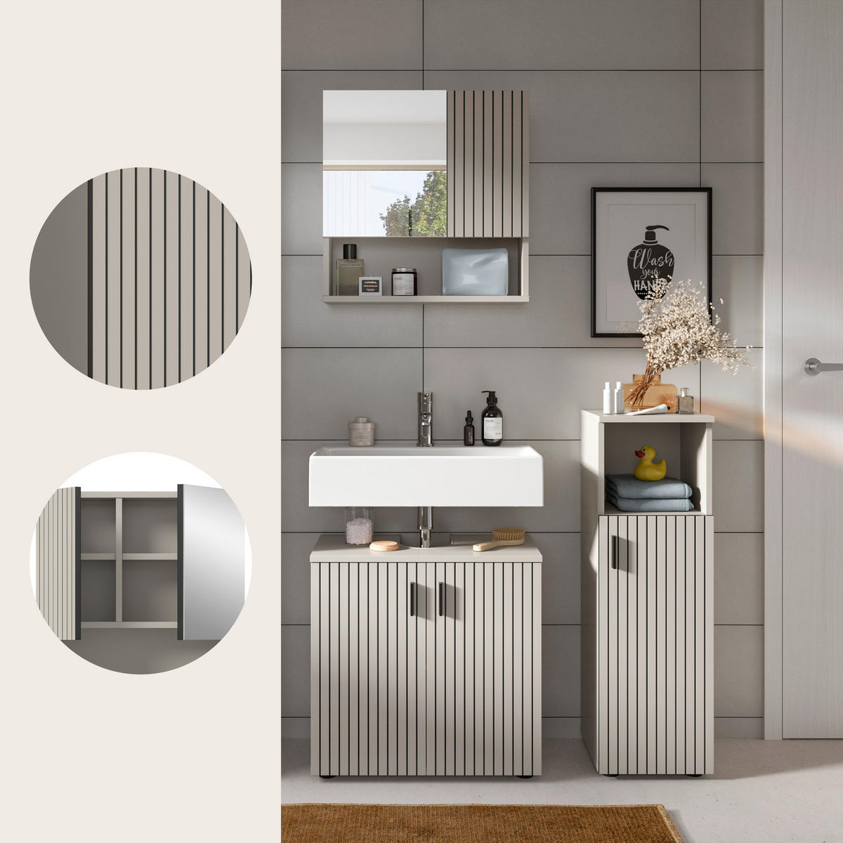 BADEZIMMER 3-teilig  in 90 cm  - Kaschmir/Schwarz, Trend, Glas/Holzwerkstoff (90cm) - MID.YOU