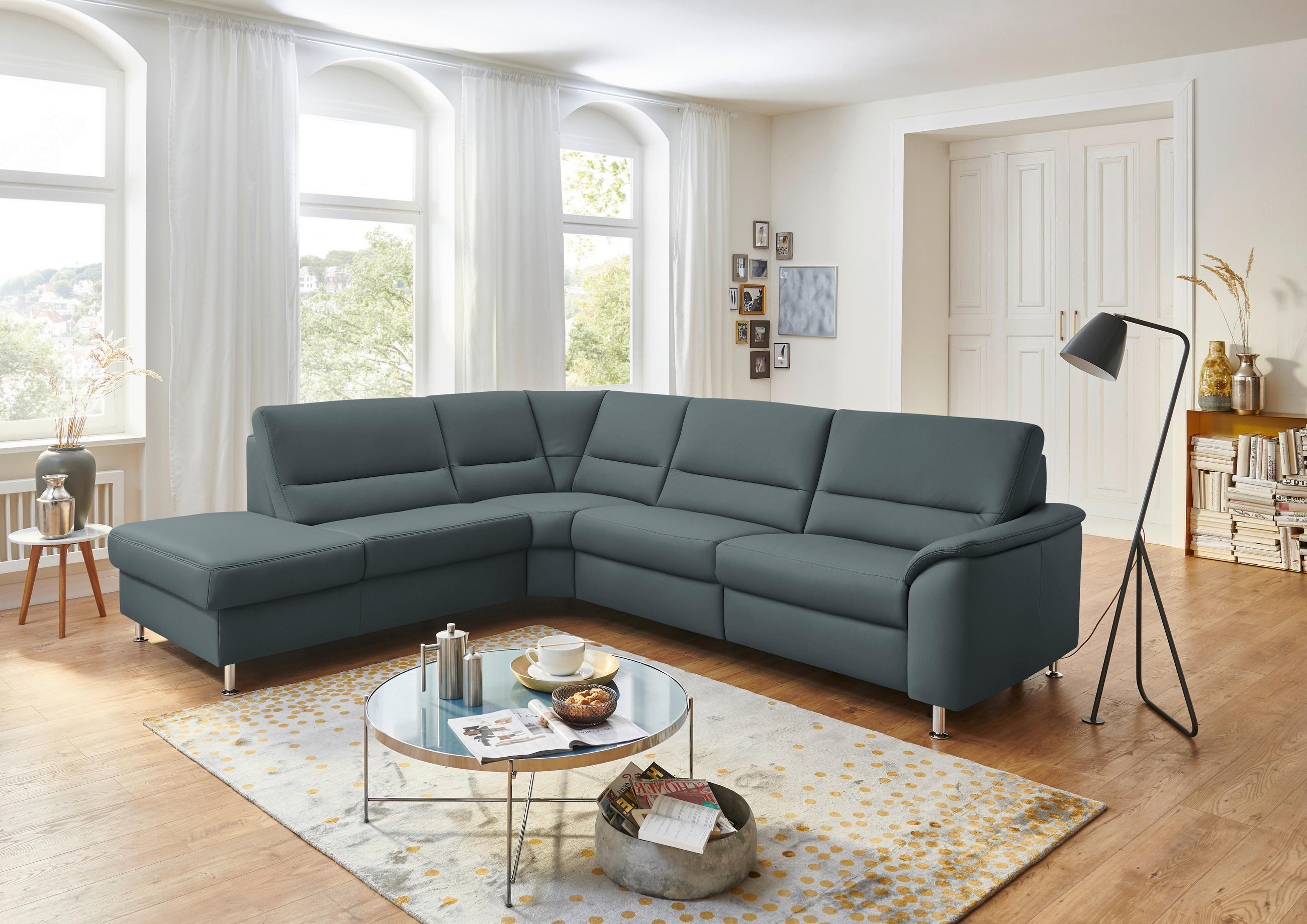 ECKSOFA in Echtleder Blaugrau  - Blaugrau/Alufarben, Basics, Leder/Metall (249/290cm) - Beldomo Premium
