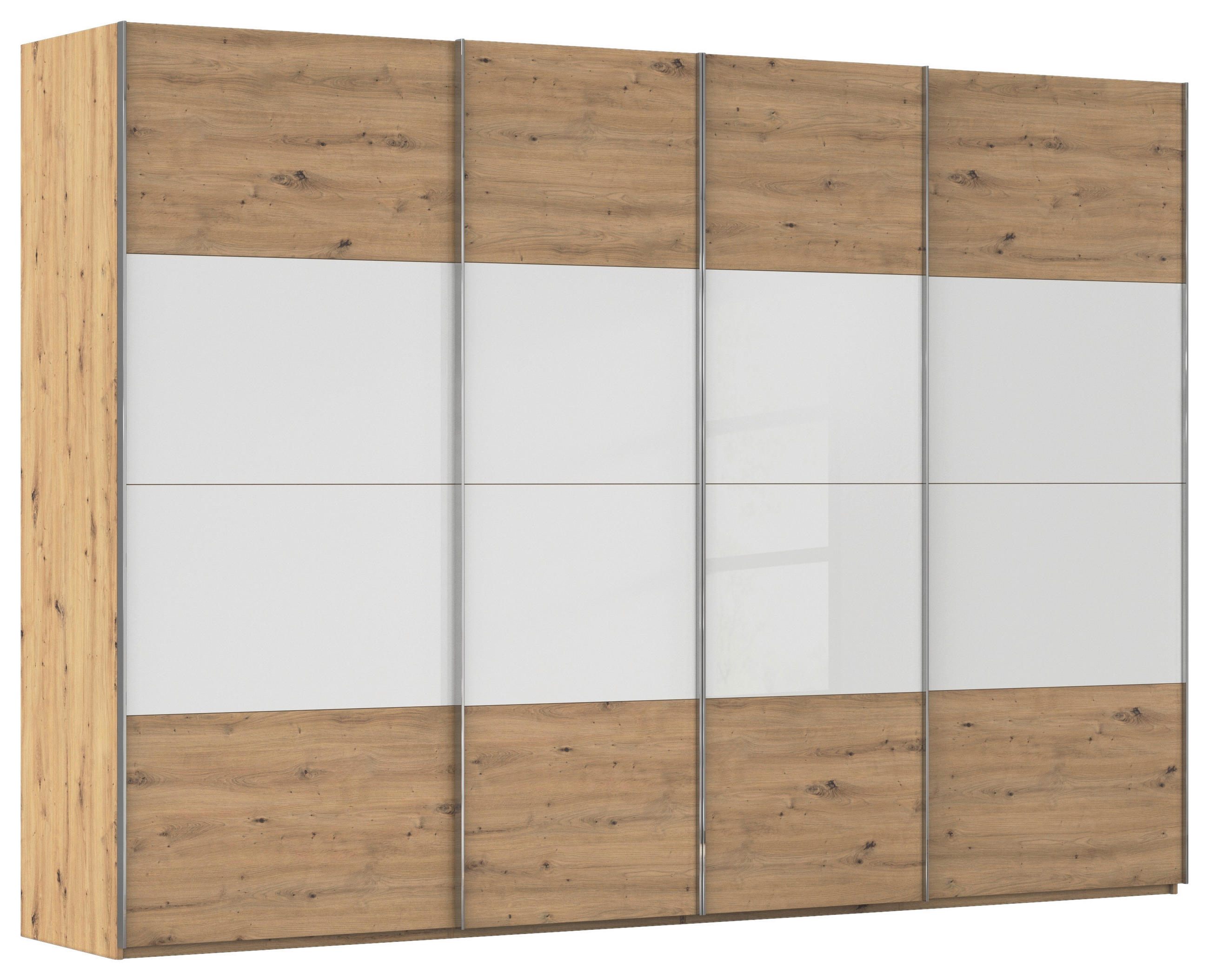 SCHWEBETÜRENSCHRANK 316/223/68 cm 4-türig Weiß, Eiche Artisan  - Chromfarben/Weiß, KONVENTIONELL, Glas/Holzwerkstoff (316/223/68cm) - Novel