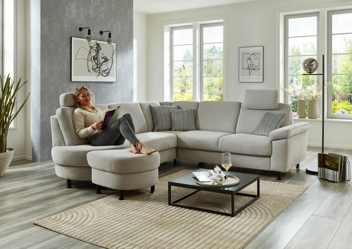 ECKSOFA in Flachgewebe Hellgrau  - Hellgrau/Schwarz, Konventionell, Textil/Metall (252/248cm) - Beldomo Comfort