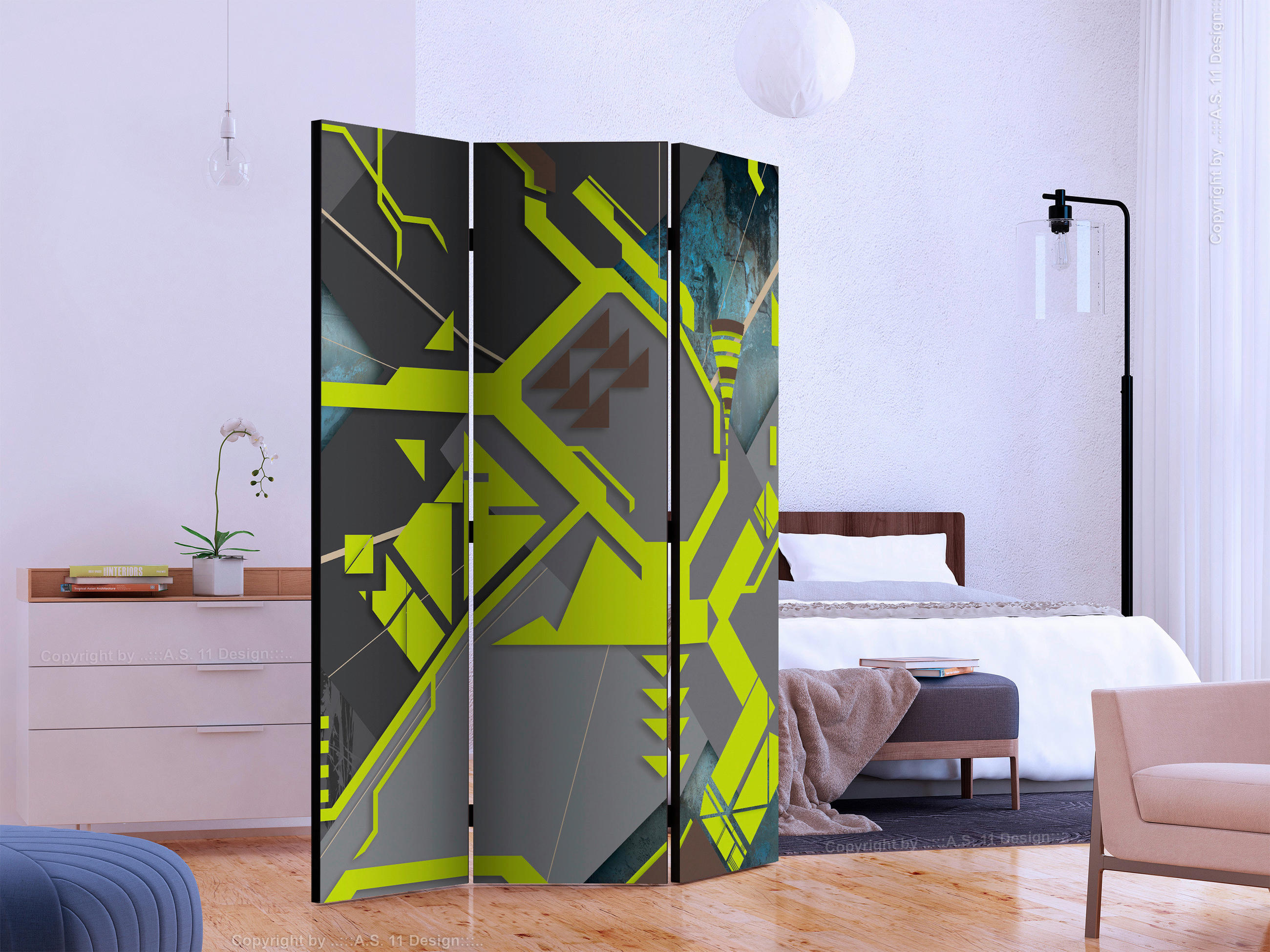 SKÄRMVÄGG  i trä, textil  grå, lime  - lime/grå, Basics, trä/textil (135/172/3cm) - artgeist
