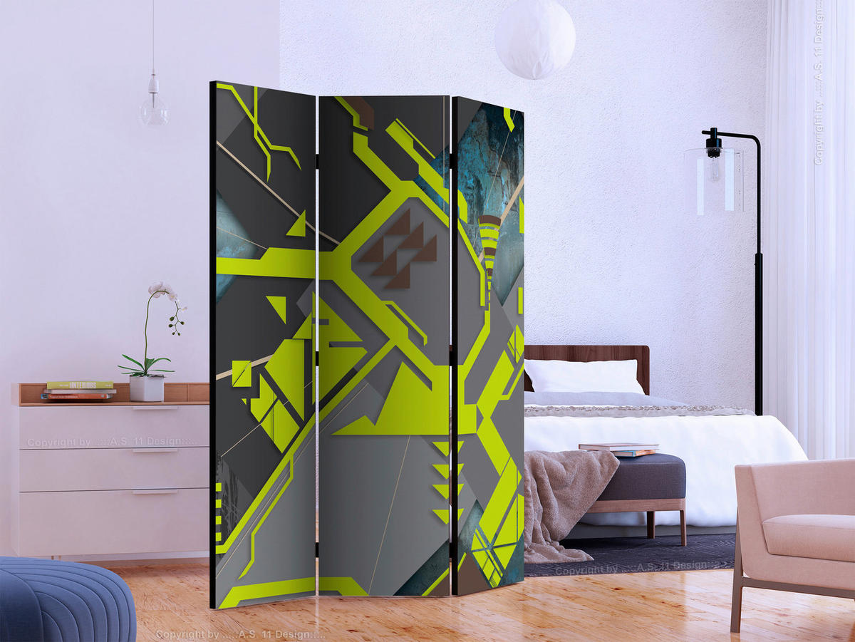 SKÄRMVÄGG  i trä, textil  grå, lime  - lime/grå, Basics, trä/textil (135/172/3cm) - artgeist