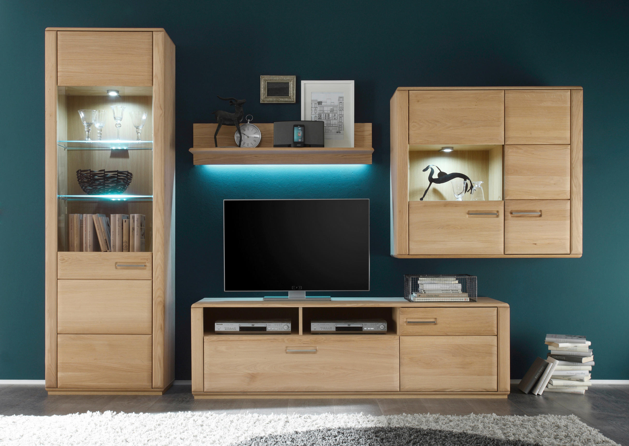 WOHNWAND in Eichefarben 303/209/51 cm - Eichefarben/Silberfarben, Design, Glas/Holz (303/209/51cm) - Livetastic