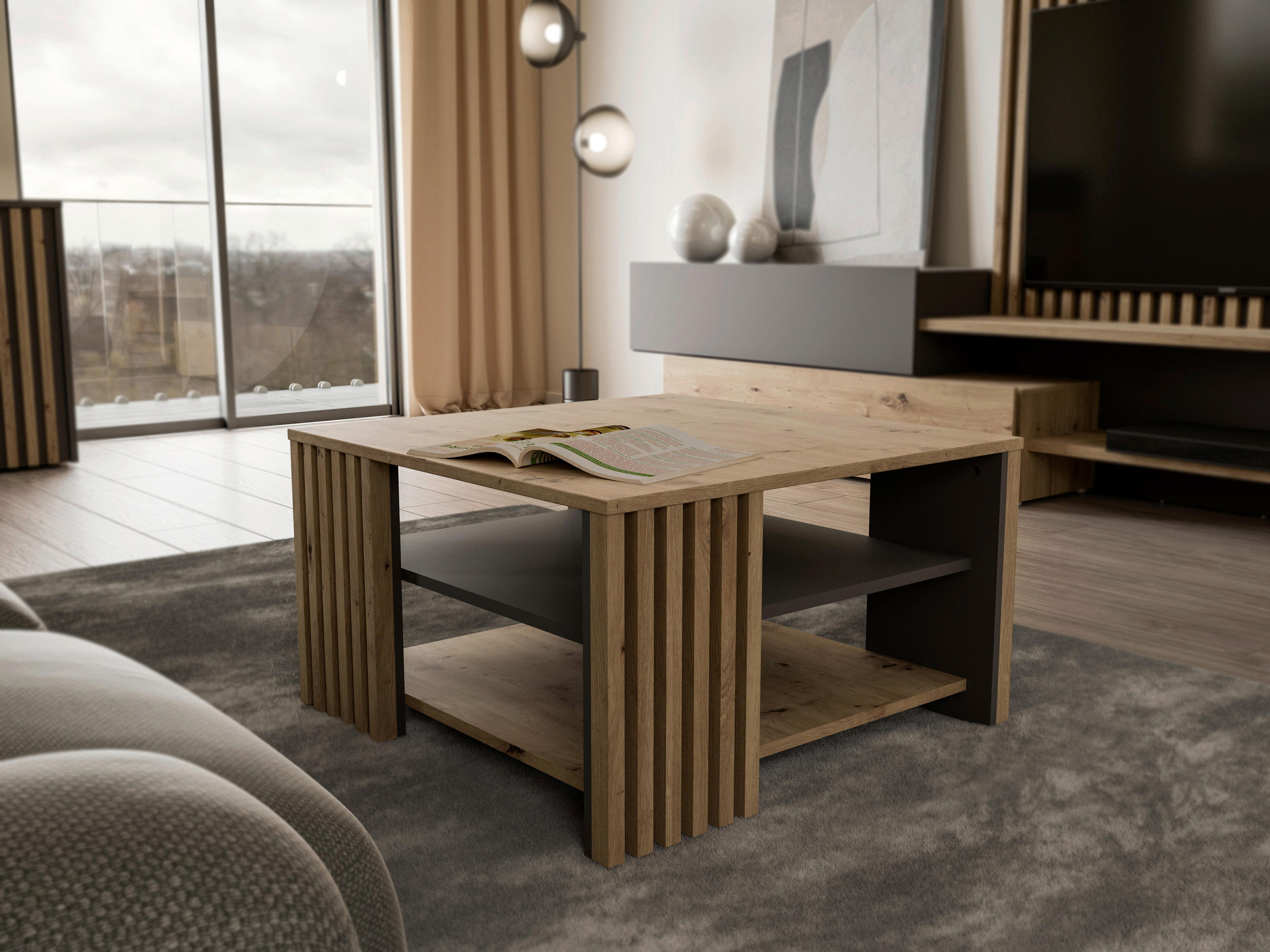 Carryhome KONFERENČNÍ STOLEK, šedá, dub artisan, kompozitní dřevo, 80/45/80 cm