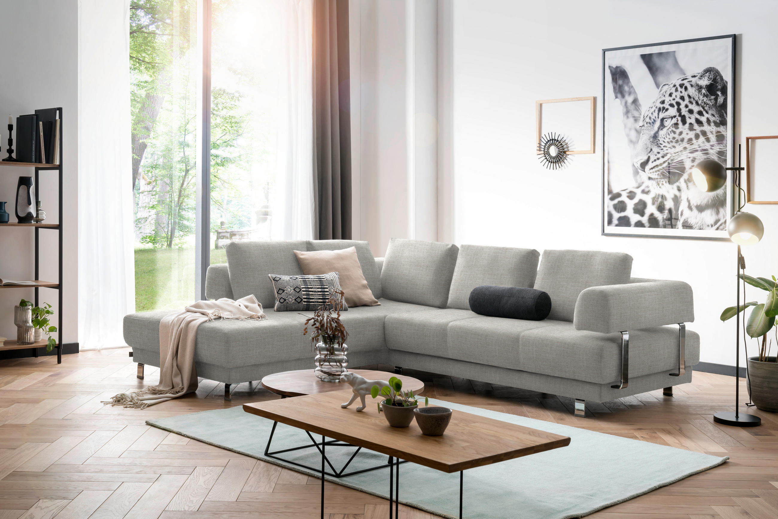 ECKSOFA in Chenille Creme, Beige  - Beige/Creme, Design, Textil/Metall (235/277cm)