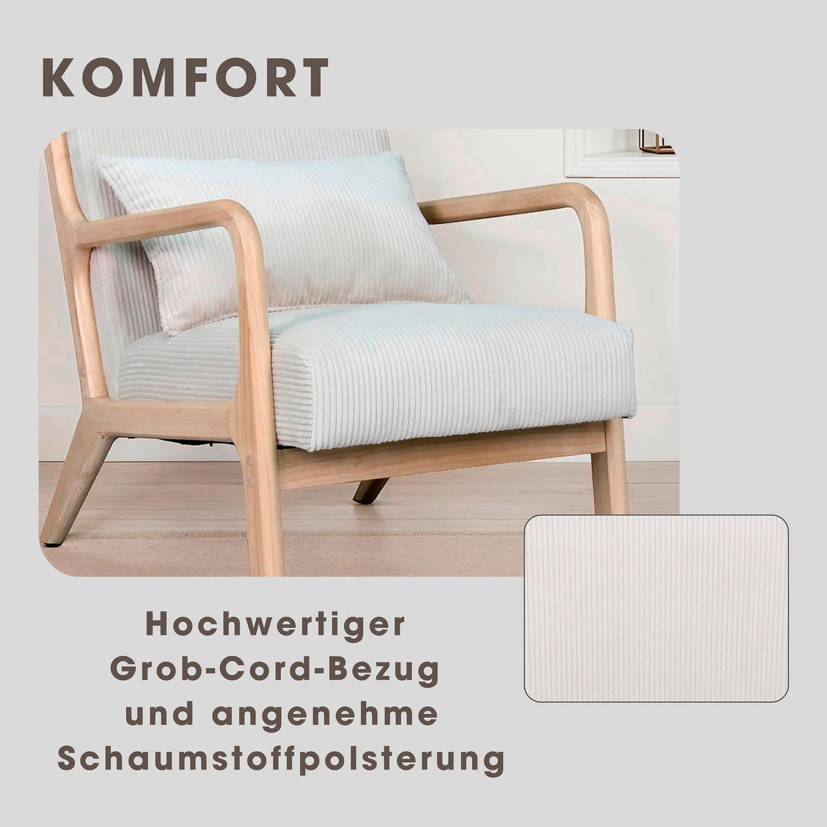 SESSEL in Cord Elfenbein  - Elfenbein/Braun, Basics, Holz/Textil (65/81/76cm) - MID.YOU