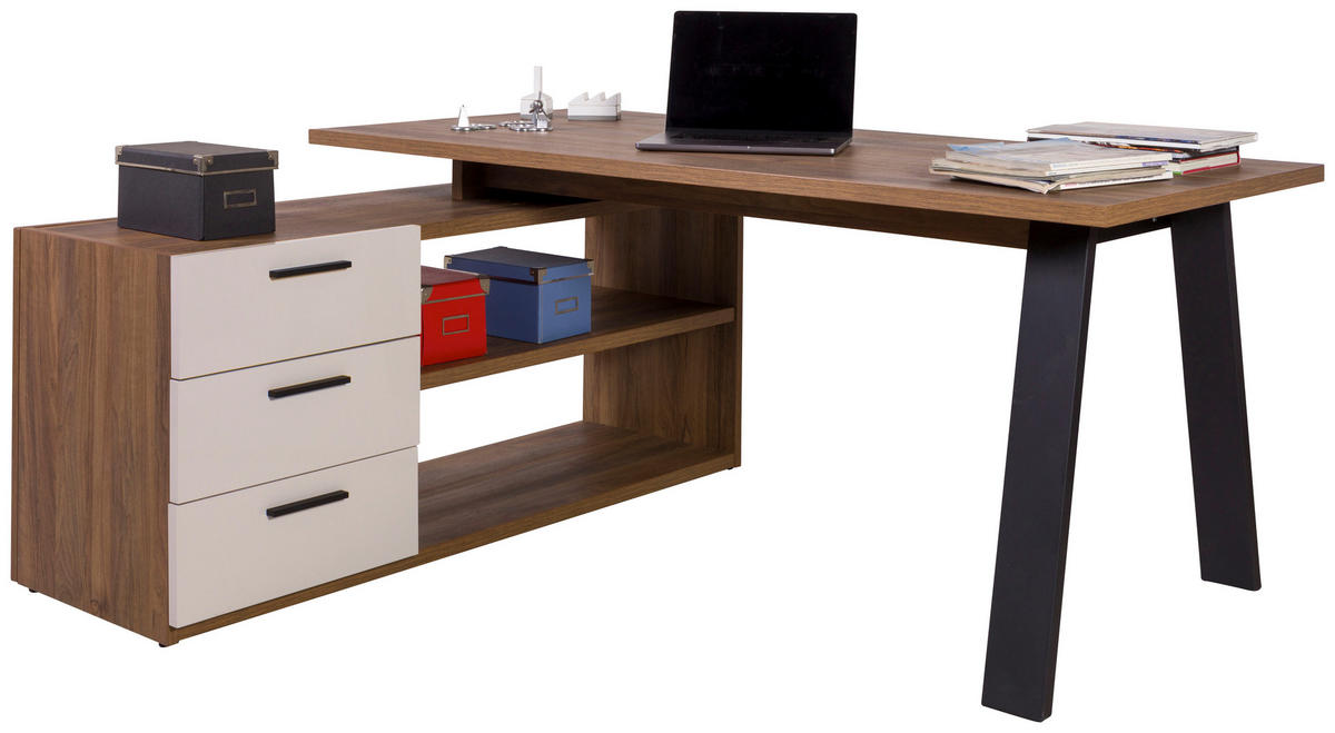 MASĂ DE BIROU PE COLȚ in material pe bază de lemn, metal  - cașmir/culoare lemn de nuc, Design, metal/material pe bază de lemn (171/143,5/74,7cm) - Stylife