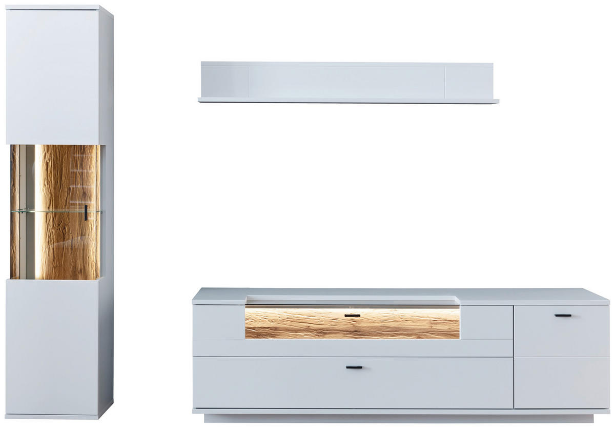 WOHNWAND  in Weiß, Eichefarben  250/199/50 cm  - Eichefarben/Anthrazit, Design, Glas/Holzwerkstoff (250/199/50cm) - Stylife