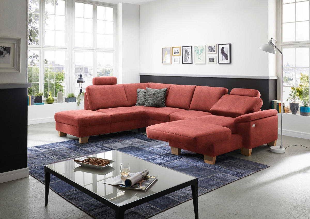 WOHNLANDSCHAFT in Velours Koralle  - Koralle/Eichefarben, Konventionell, Holz/Textil (235/316/167cm) - Beldomo System