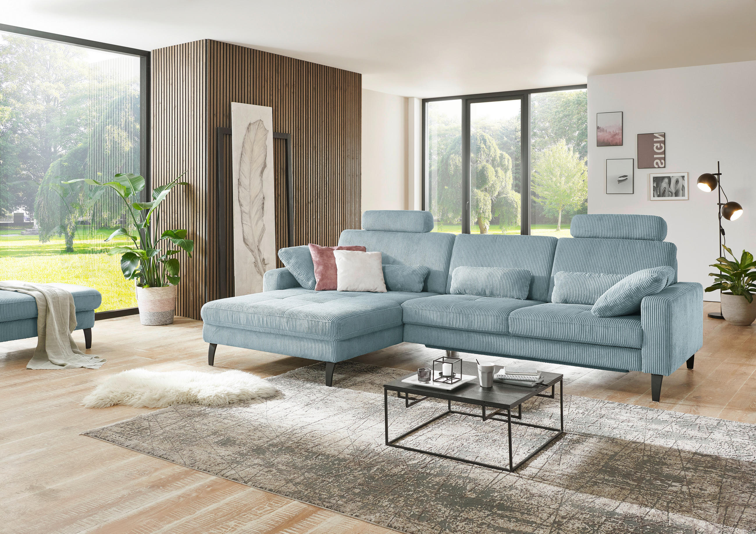 ECKSOFA in Cord Hellblau  - Schwarz/Hellblau, Modern, Textil/Metall (177/302cm) - Beldomo Style