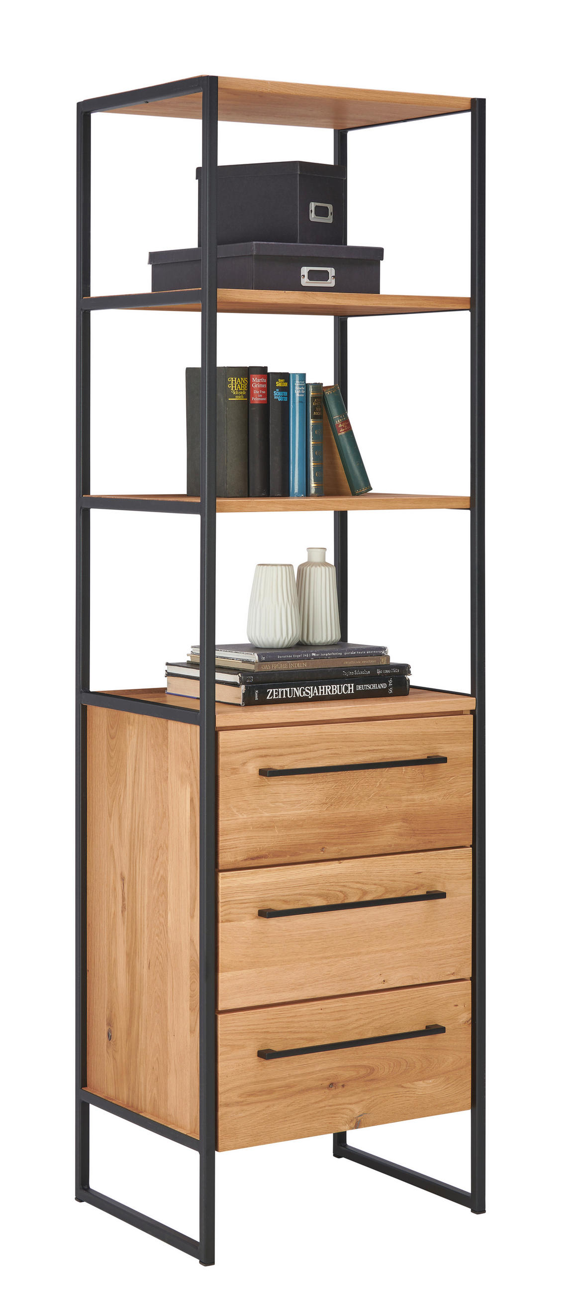 REGAL Eiche massiv Schwarz, Eichefarben  - Eichefarben/Schwarz, Design, Holz/Metall (55/190/44cm) - Lomoco