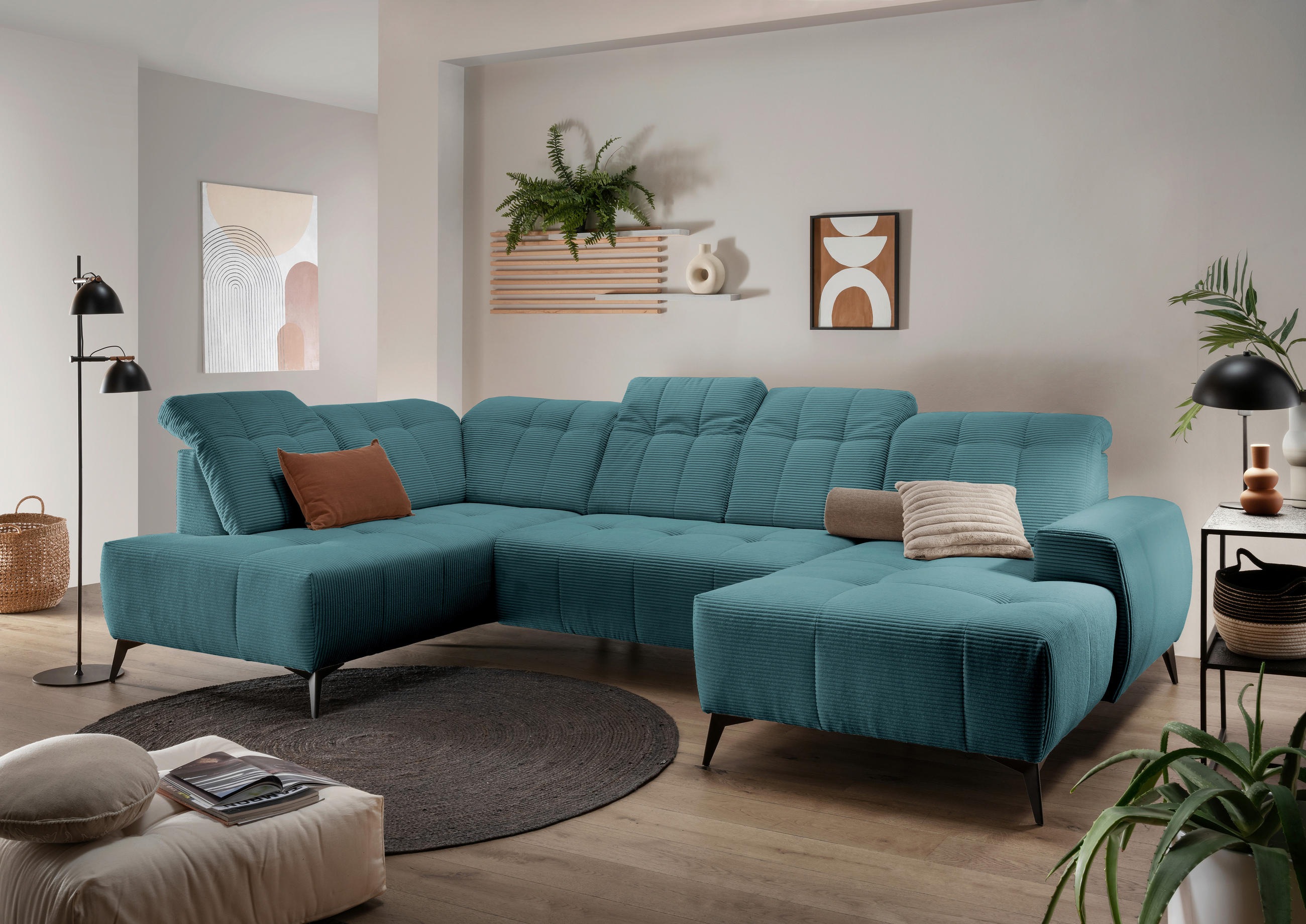 WOHNLANDSCHAFT SANO in Cord Petrol  - Petrol/Schwarz, MODERN, Textil/Metall (200/337/180cm) - Livetastic