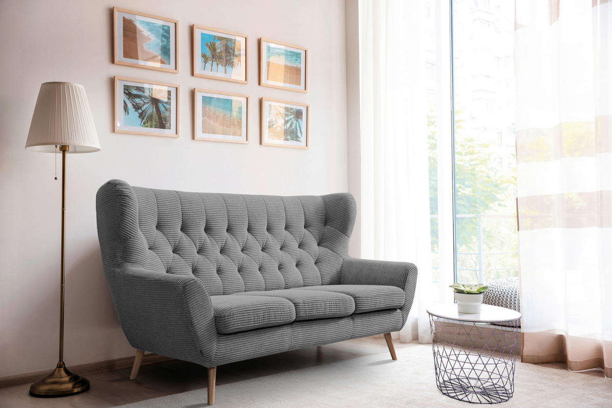 3-SITZER-SOFA Cord Hellgrau  - Hellgrau, Design, Holz/Textil (187/101/95cm) - Stylife