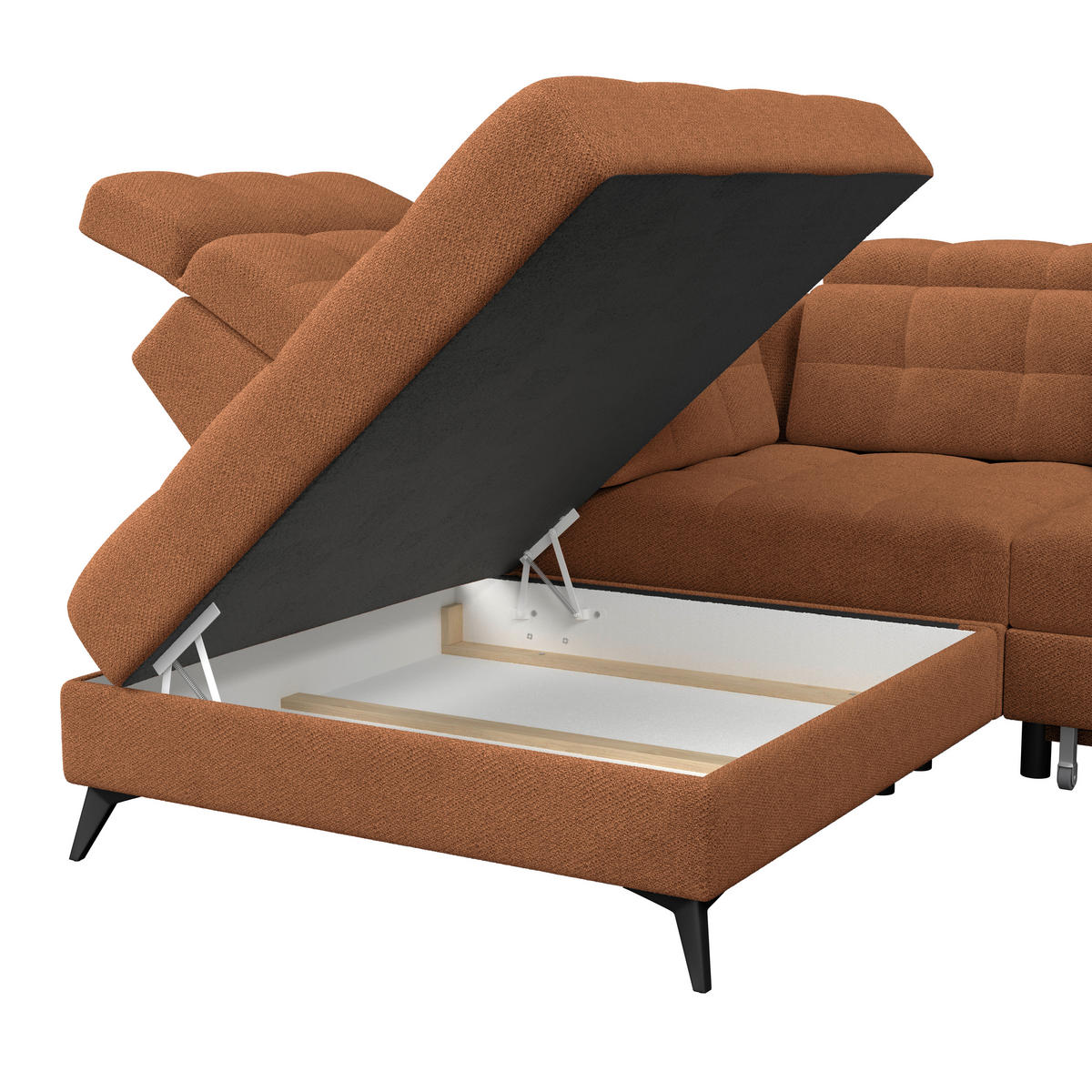 ECKSOFA BARLETTA NEW Terracotta Velours Bettkasten, Kopfteilverstellung, Sitztiefenverstellung, Liegefläche im Originalstoff  - Terracotta/Schwarz, ROMANTIK / LANDHAUS, Textil/Metall (228/289cm) - MID.YOU