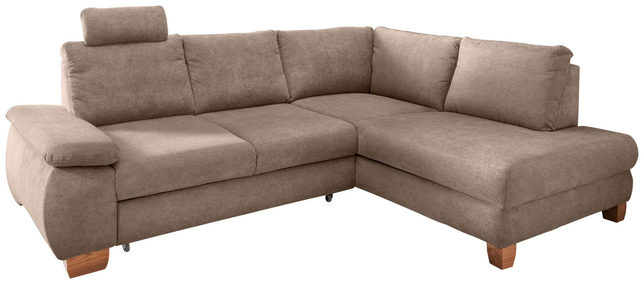 ECKSCHLAFSOFA Flachgewebe Hellbraun  inkl. Bettkasten, Schlaffunktion, Armteilverstellung, Sitztiefenverstellung, Liegefläche im Originalstoff, Kopfstütze  - Wildeiche/Hellbraun, MODERN, Holz/Textil (261/206cm) - Livetastic