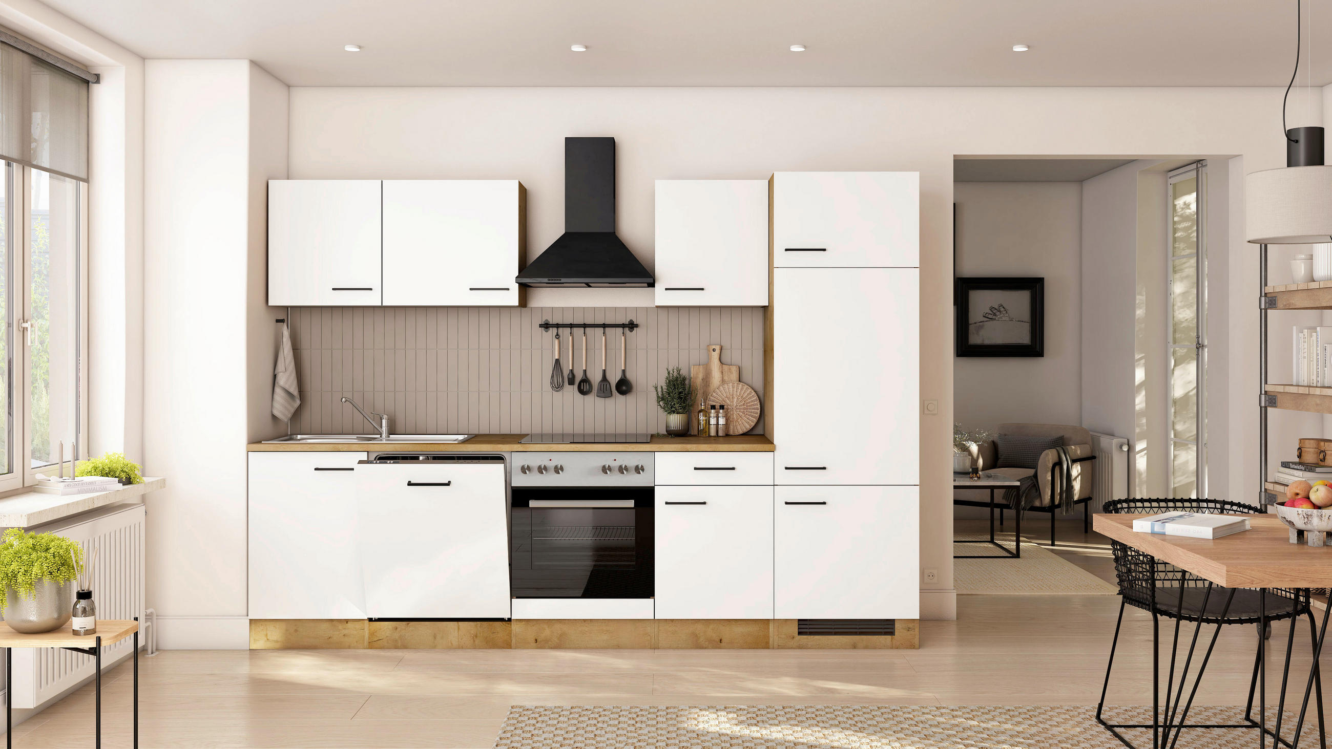KÜCHENBLOCK 280 cm  in Eichefarben, Magnolie  - Eichefarben/Magnolie, Trend, Holzwerkstoff/Metall (280cm) - FlexWell