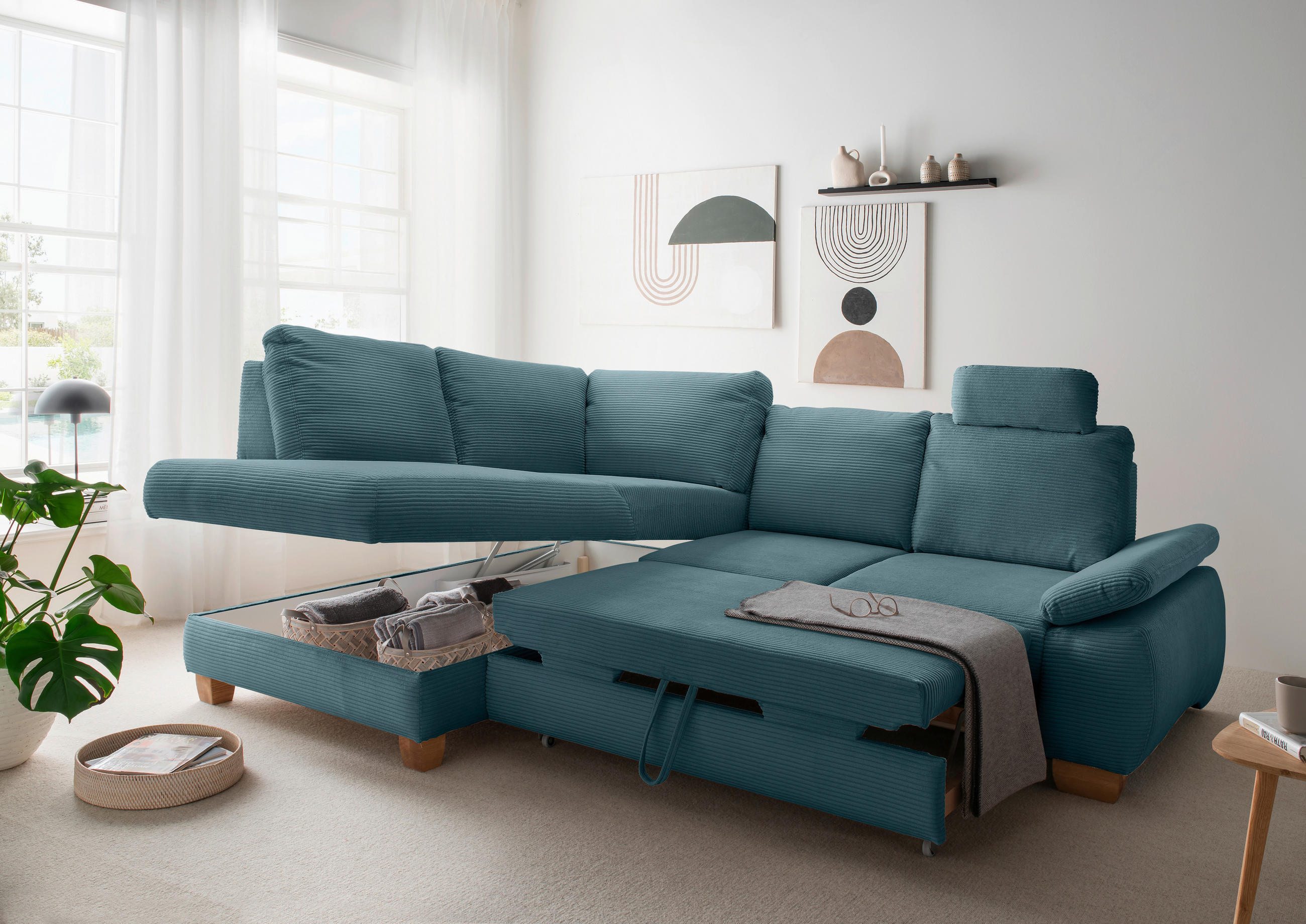 ECKSCHLAFSOFA in Cord Petrol  - Wildeiche/Petrol, Modern, Holz/Textil (206/261cm) - Livetastic