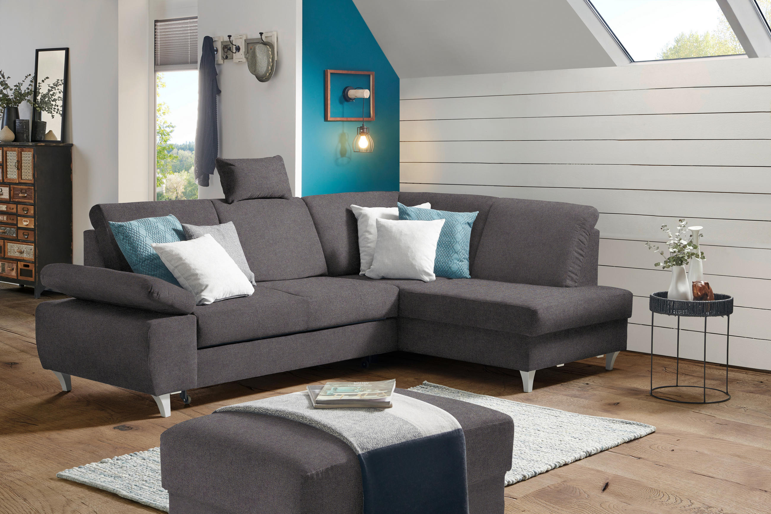 ECKSOFA in Flachgewebe Graubraun  - Graubraun/Silberfarben, Konventionell, Holz/Textil (255/186cm) - Cantus