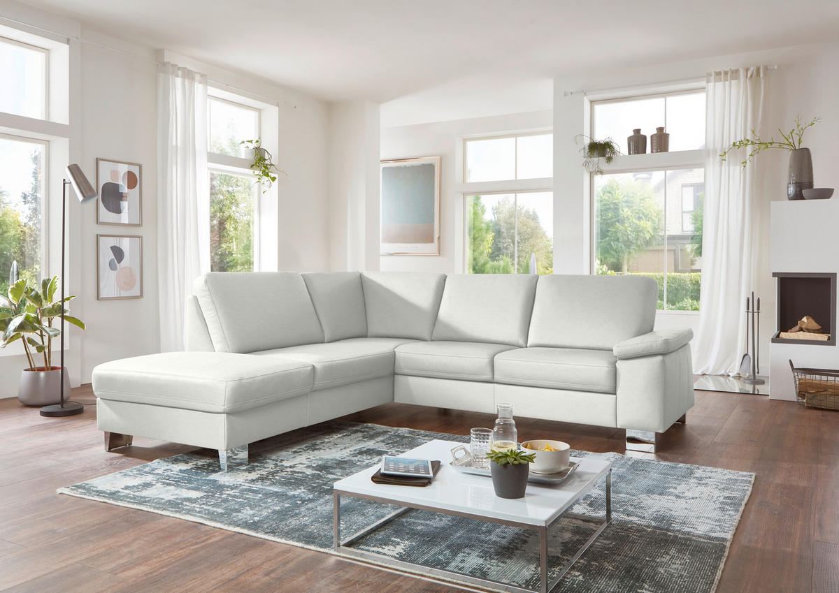 ECKSOFA  in Echtleder Weiß  235/248 cm  - Alufarben/Weiß, Design, Leder/Metall (235/248cm) - Beldomo Premium