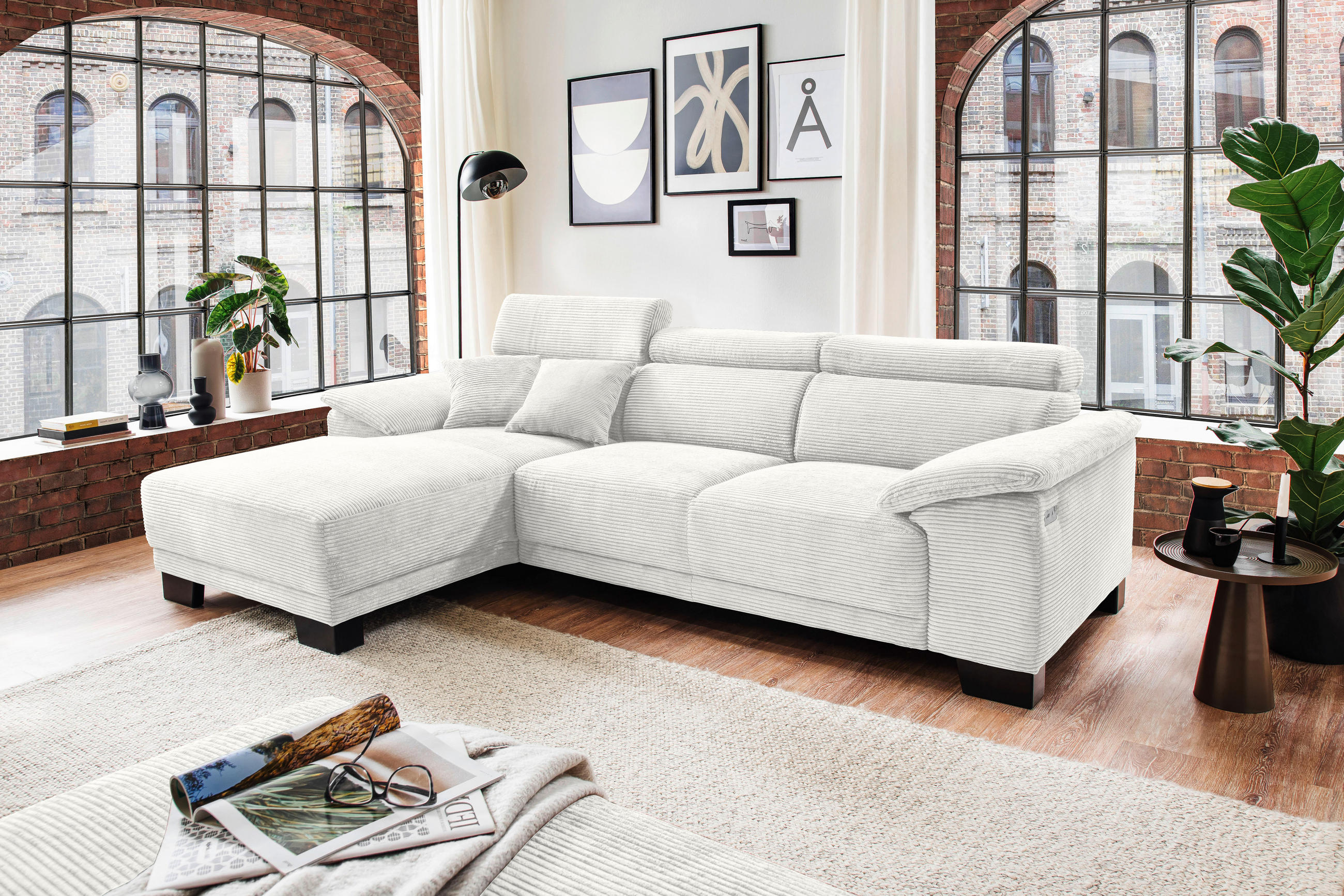 ECKSOFA in Cord Weiss  - Weiss/Schwarz, Design, Holz/Textil (174/270cm) - Pure Home Lifestyle