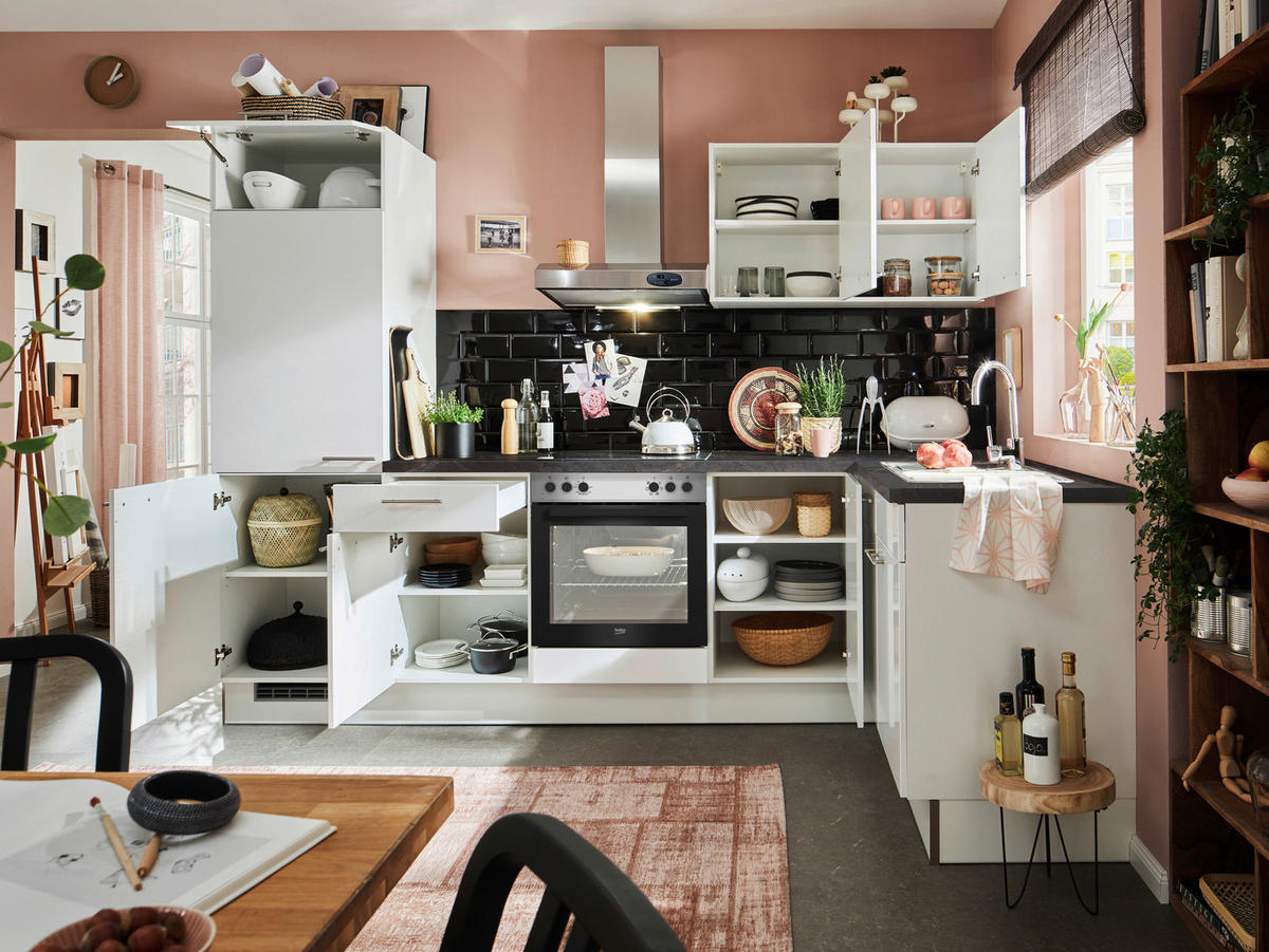 ECKKÜCHE 285/165 cm  in Grau, Weiß Hochglanz  - Edelstahlfarben/Weiß Hochglanz, Design, Holzwerkstoff/Metall (285/165cm) - Pino