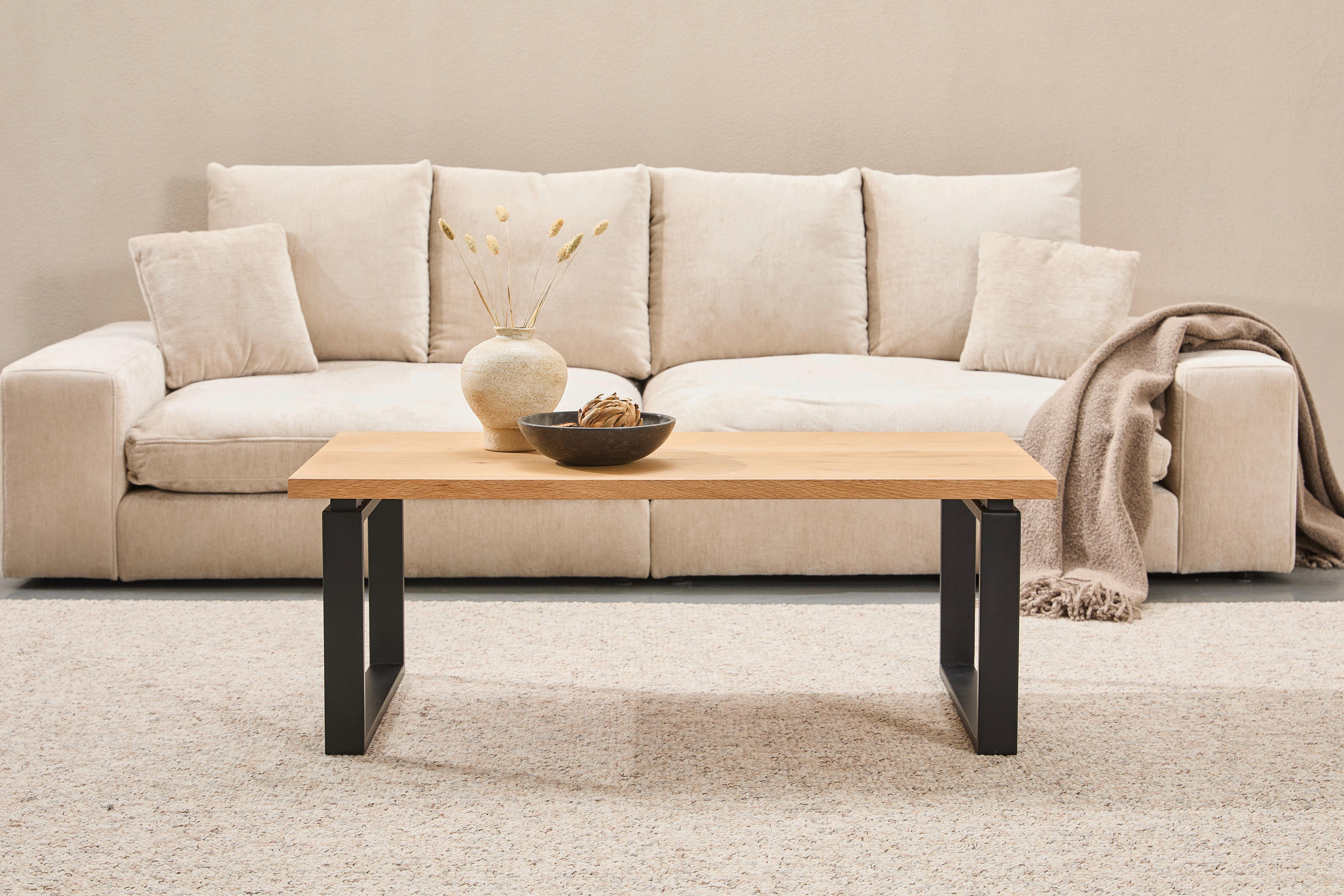 COUCHTISCH Eiche furniert 115/60/42,5 cm rechteckig Naturfarben, Schwarz  - Schwarz/Naturfarben, Design, Holz/Holzwerkstoff (115/60/42,5cm) - MID.YOU