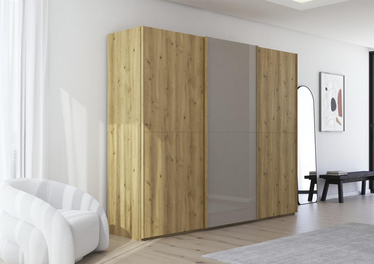 SCHWEBETÜRENSCHRANK 270/223/68 cm 3-türig Eichefarben, Fango  - Fango/Eichefarben, Design, Glas/Holz (270/223/68cm) - Novel