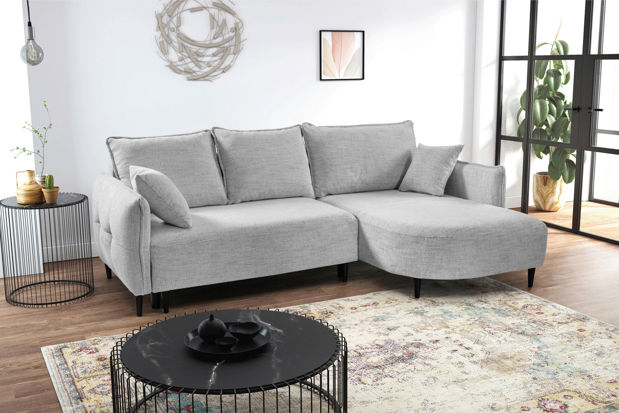 ECKSOFA in Struktur Hellgrau  - Hellgrau/Schwarz, Design, Holz/Textil (244/165cm) - MID.YOU