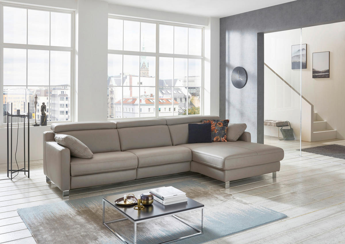 ECKSOFA  in Echtleder Grau  291/176 cm  - Chromfarben/Grau, Design, Leder/Metall (291/176cm) - Valdera