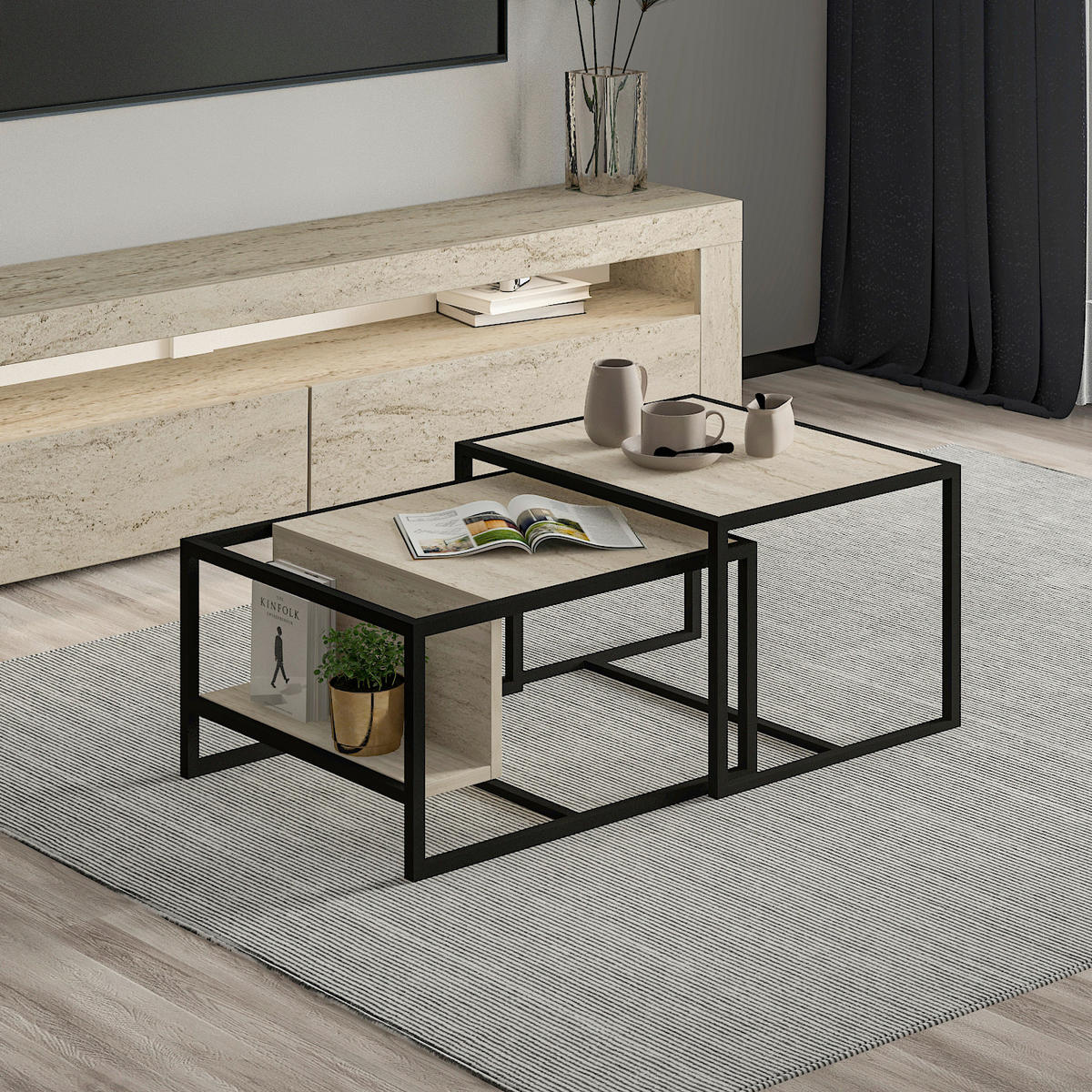 COUCHTISCHSET Bati Couchtisch Beige  - Beige/Schwarz, Design, Holzwerkstoff - Livetastic