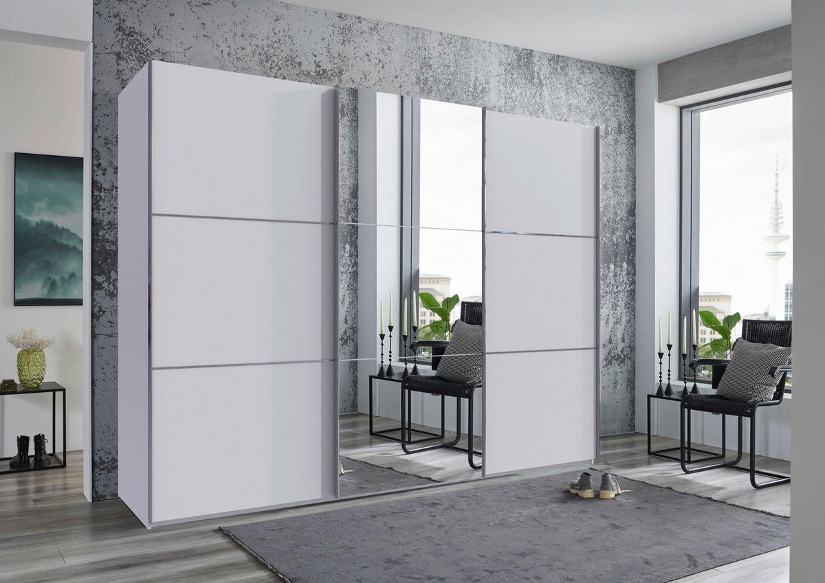 SCHWEBETÜRENSCHRANK 300/216/65 cm 3-türig Weiß, Edelstahlfarben  - Edelstahlfarben/Weiß, KONVENTIONELL, Glas/Holzwerkstoff (300/216/65cm) - Stylife