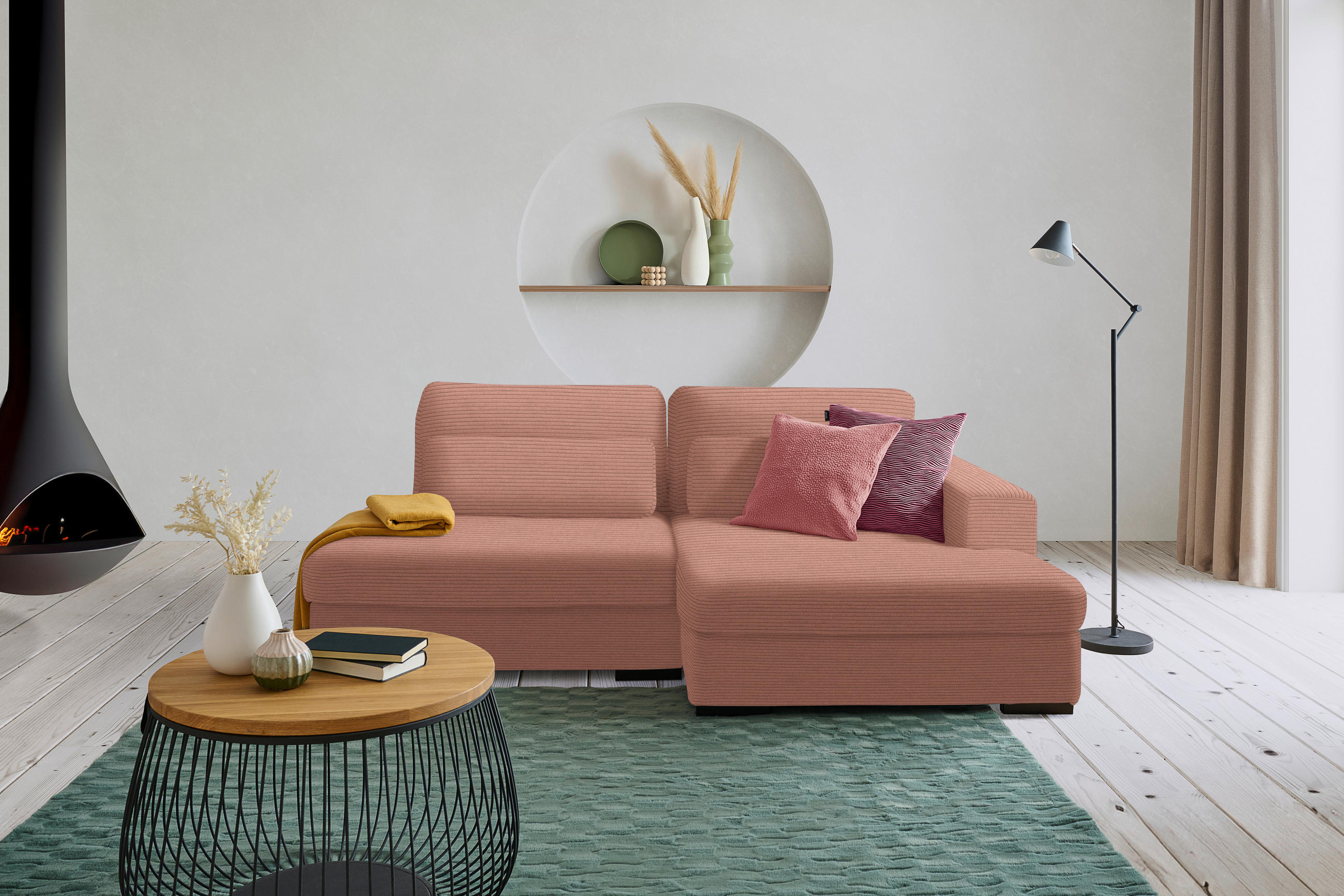 ECKSOFA Aprikose Cord  - Aprikose/Schwarz, Design, Kunststoff/Textil (223/158cm) - Lomoco