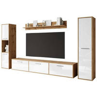 WOHNWAND 4-teilig  in Eiche Wotan, Weiss Hochglanz 240/130/31 cm  - Weiss Hochglanz/Eiche Wotan, Basics, Holzwerkstoff/Kunststoff (240/130/31cm) - MID.YOU