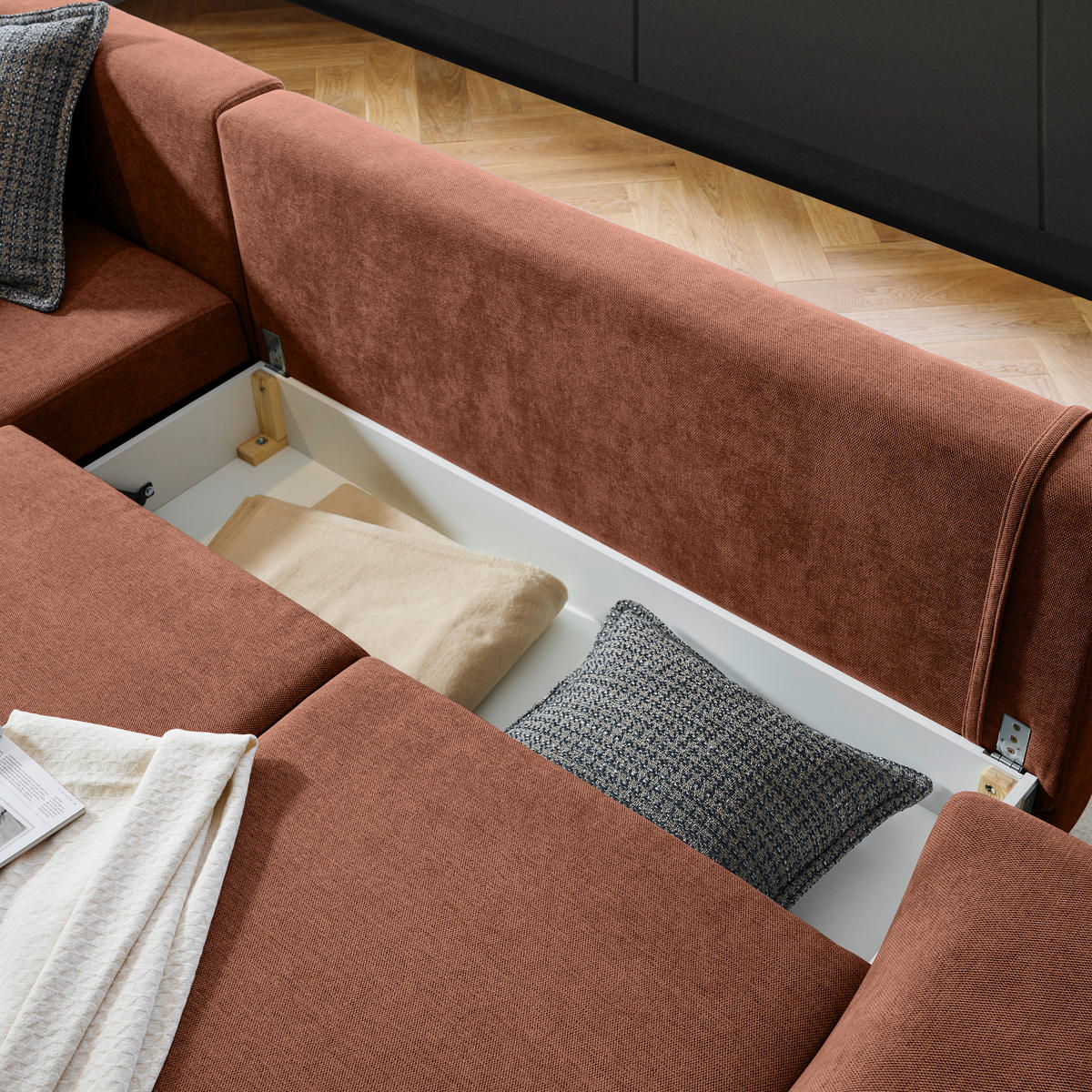 ECKSOFA inkl. Funktionen Terracotta Webstoff  inkl. Rückenkissen, Bettkasten, Schlaffunktion, Rücken echt  - Wengefarben/Terracotta, Design, Holz/Textil (211/314cm) - Stylife
