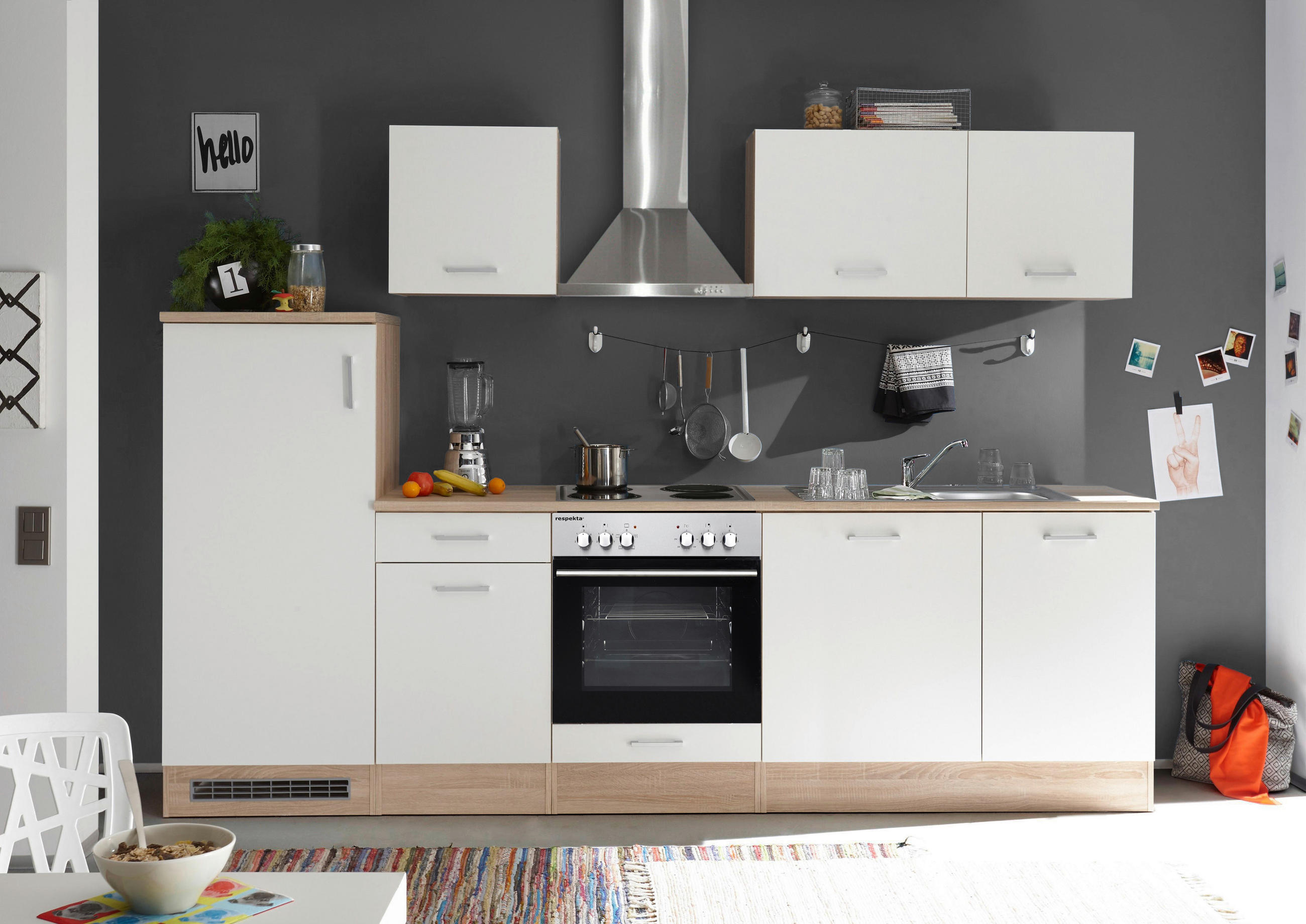 Küchenzeile Economy mit Geräten 280 cm Weiß/Eiche Dekor Modern