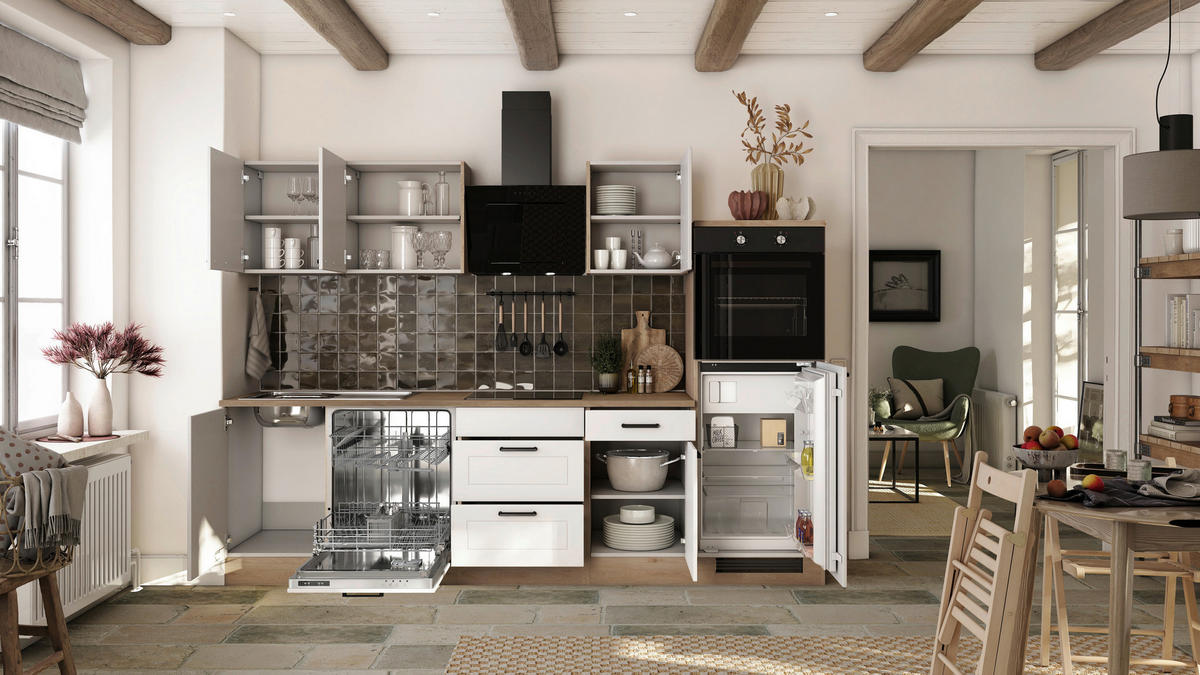 KÜCHENBLOCK 280 cm   in Weiß, Eichefarben  - Eichefarben/Schwarz, Basics, Holzwerkstoff/Metall (280cm) - FlexWell